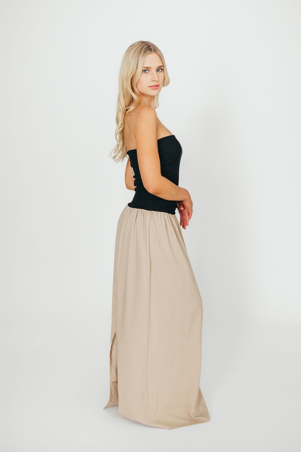 Kaylee Linen and Ribbed Knit Maxi Dress for Women - Black/Tan - Summer Beach Wedding, Vacation & Casual Wear
