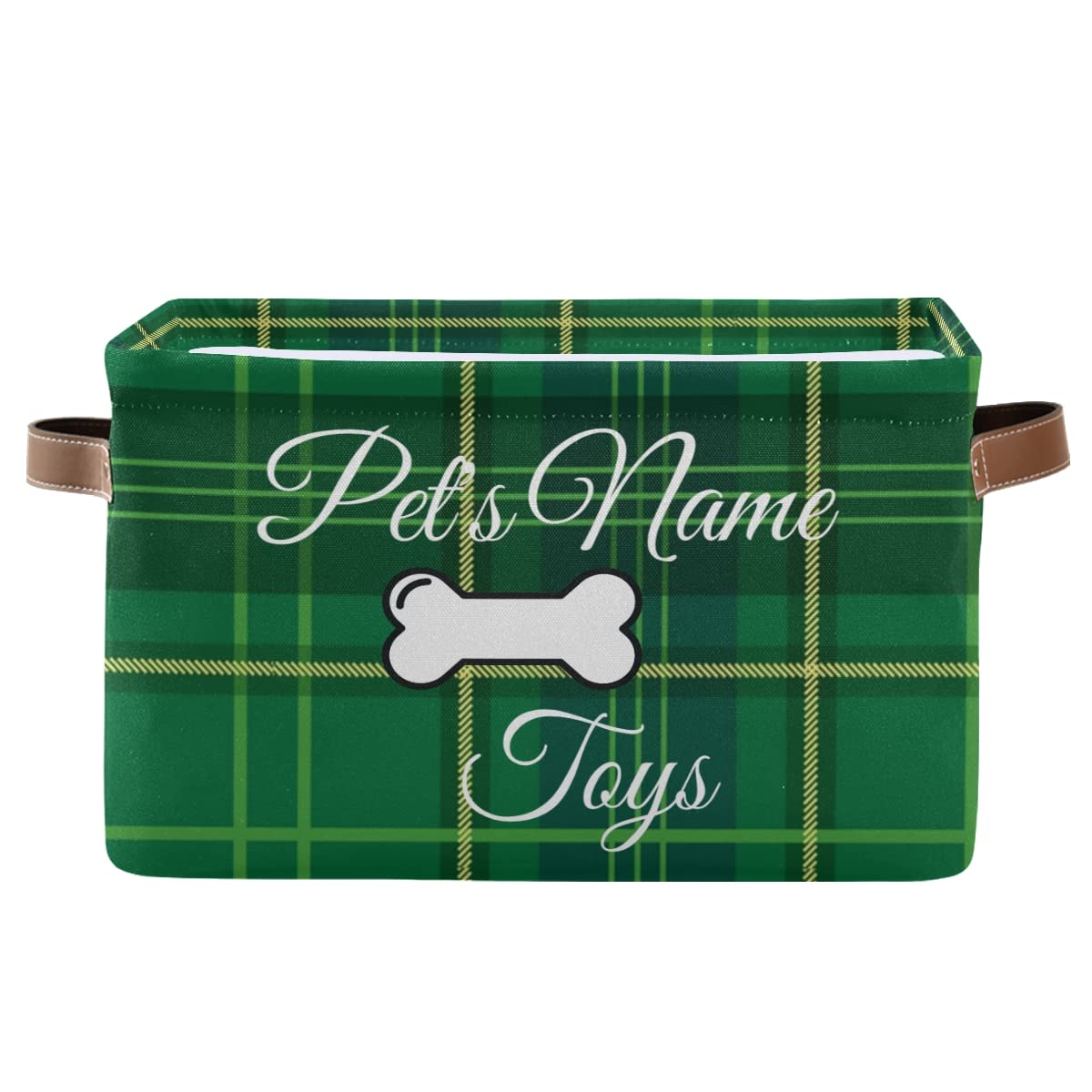 **Personalized Green Grid Dog Toy Basket - Custom Dog Toy Storage Organizer with Name - Perfect for Pet Playroom & Living Room Organization**
