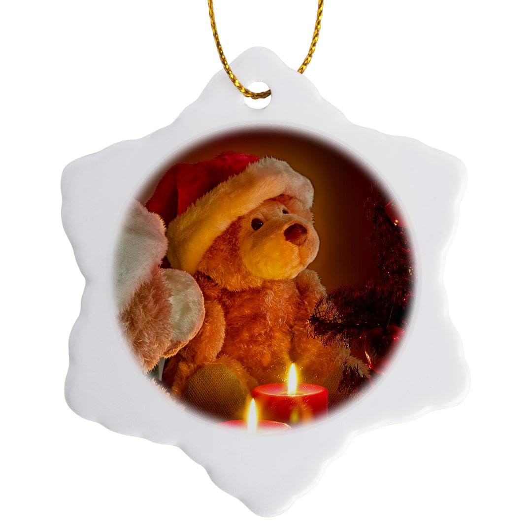 3-Inch Porcelain Christmas Teddy Bear Ornament with Holiday Tree, Candles & Snowflake - Perfect for Holiday Tree Decor, Gift Giving & Festive Home Décor