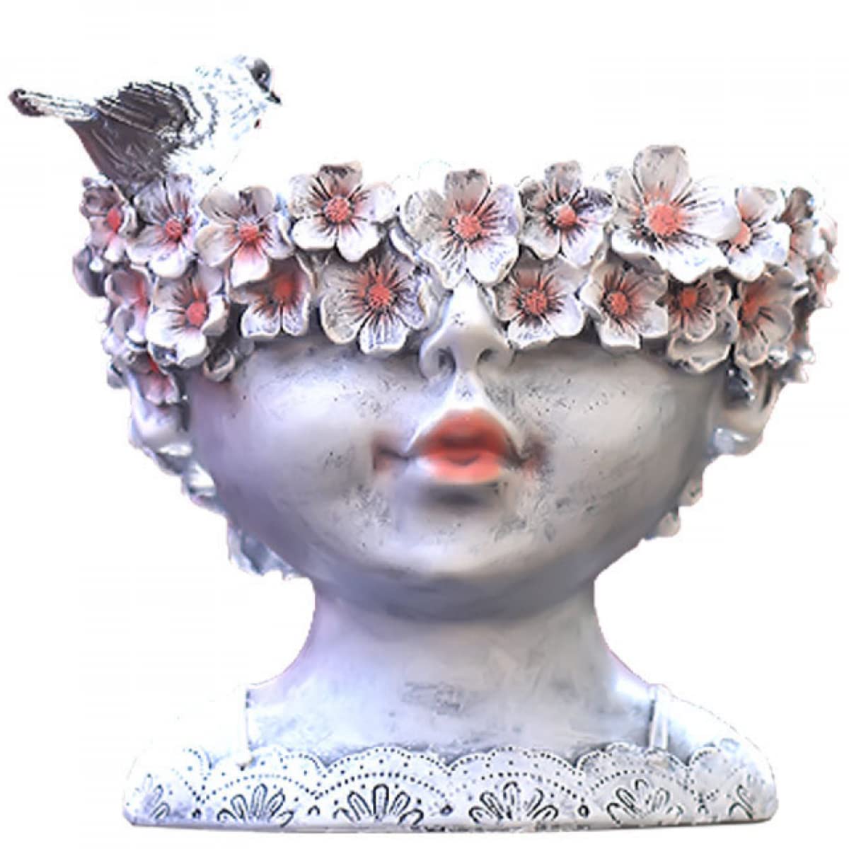 Solar Powered LED Flower Pot - 24x19x17cm Large Outdoor Decorative Vase with Succulent Girl Head Statue for Garden, Patio, Yard & Home Decor | Waterproof Solar Lamp for Nighttime Ambience