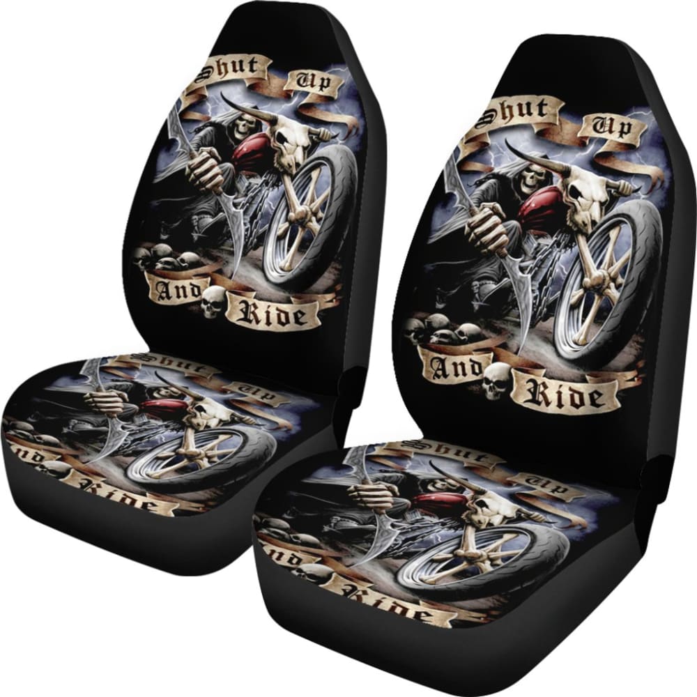 2 Pcs Gothic Skull Car Seat Covers - Universal Fit for Cars, Trucks & SUVs - Black Skull Pattern Auto Accessories for Halloween, Gothic & Punk Style Decor - Perfect for Car Interior Protection & Themed Parties