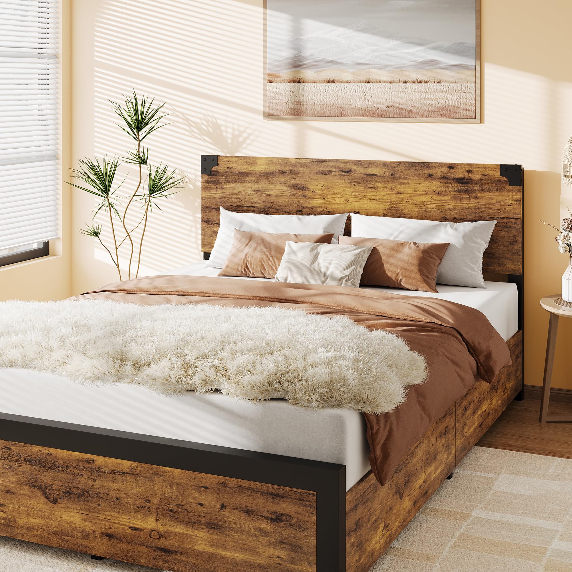 Vintage Full Size Bed Frame with Headboard & 4 Drawers - Sturdy Metal Frame, No Box Spring Needed for Bedroom Storage Solution