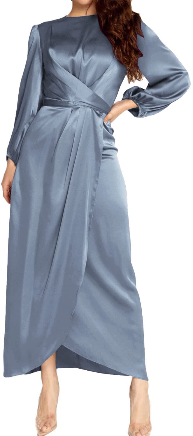 Elegant Women's Empire Waist Long Sleeve Satin Maxi Dress for Evening Parties, Weddings & Formal Events | Plus Size Options Available