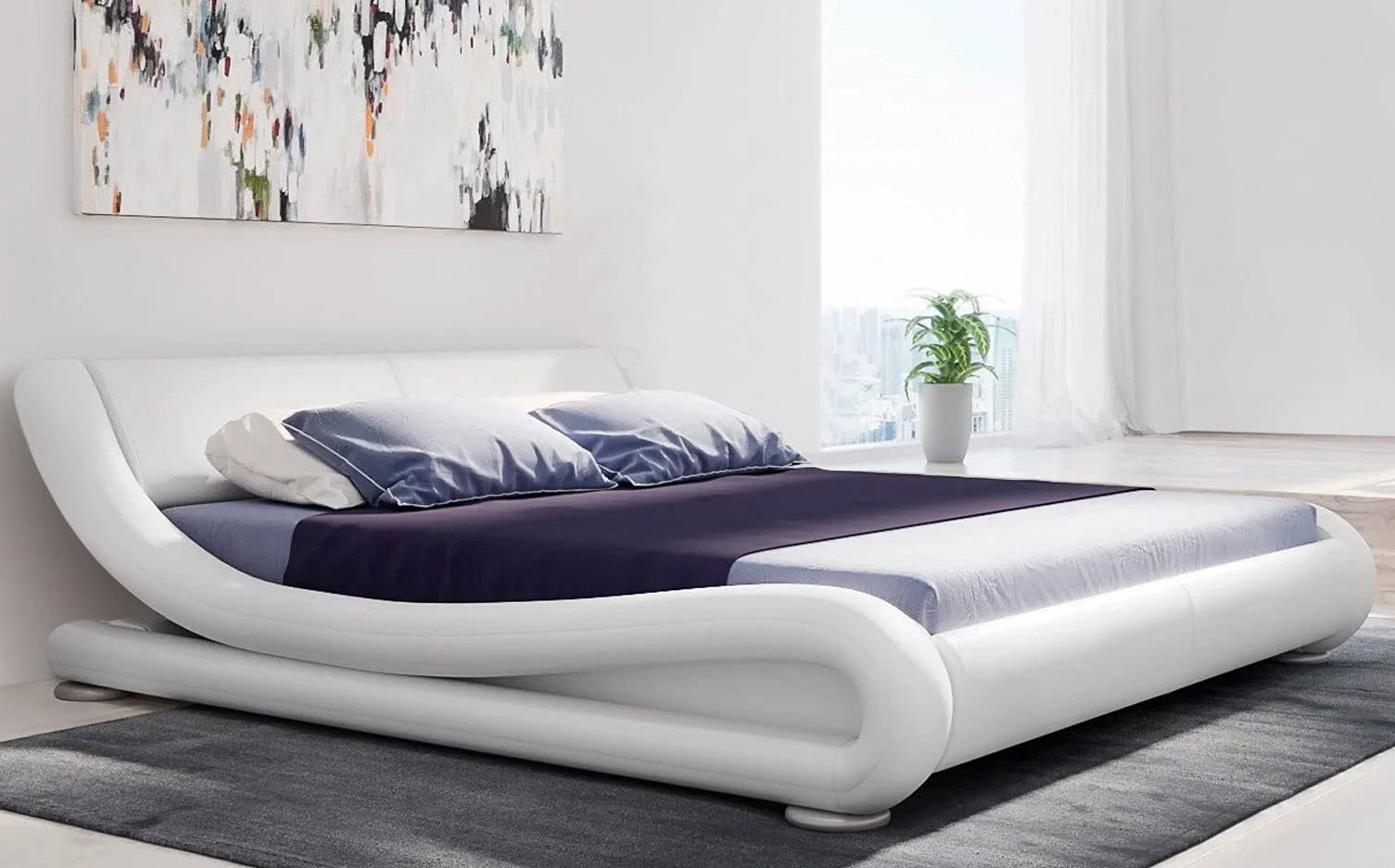 Zuri Furniture Modern Marlo White Genuine Leather Queen Size Platform Bed Frame - Luxury Bedroom Furniture for Master Suite, Guest Room & Apartment Decor
