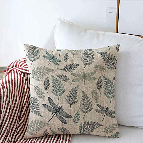 Decorative Throw Pillow Covers 16x16 Inch - Vintage Dragonfly & Botanical Leaf Pattern, Organic Linen Square Pillow Cases for Sofa, Couch, Bedroom Decor - Perfect for Spring Home Decor, Living Room Accents & Cozy Farmhouse Style
