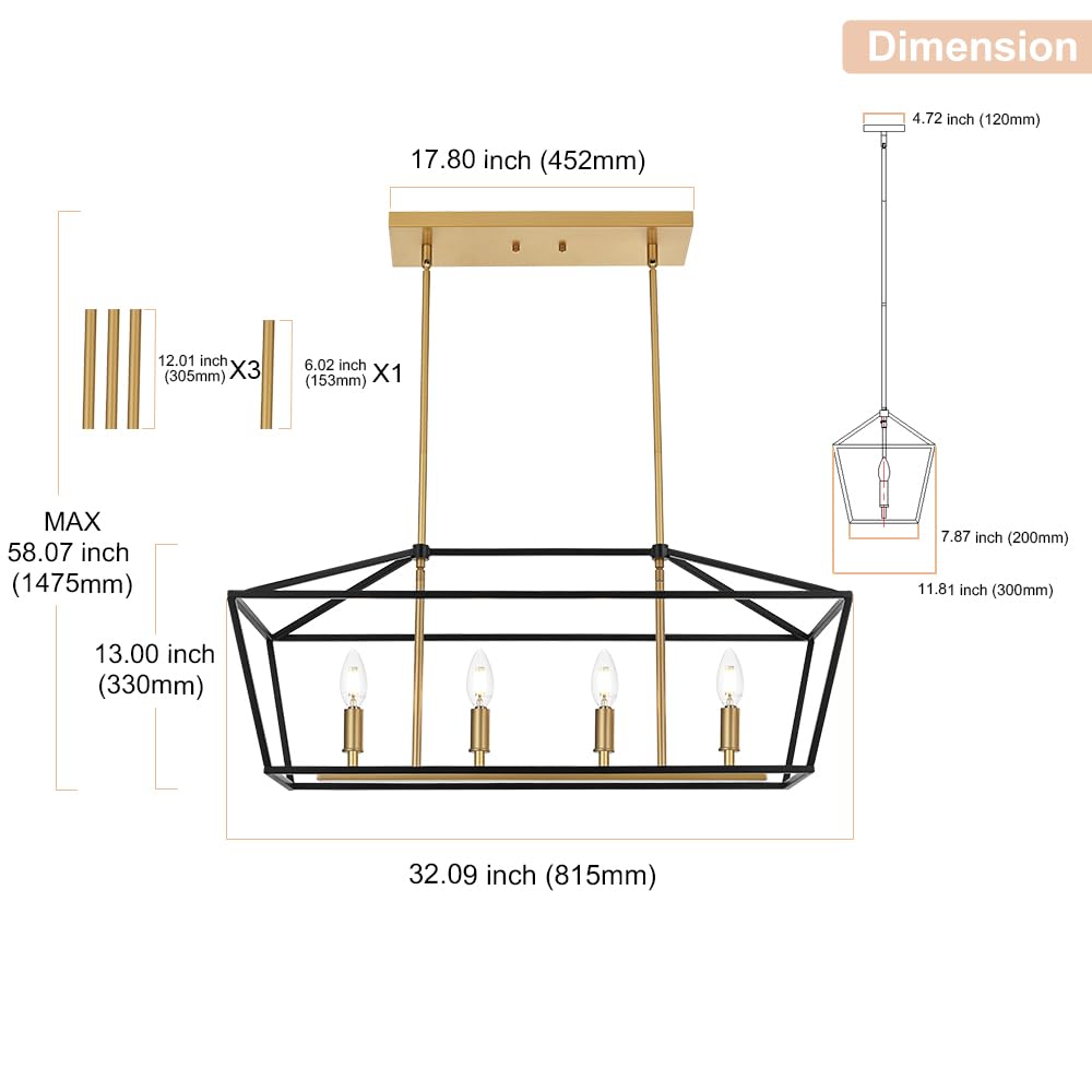 4-Light Farmhouse Linear Chandelier - Adjustable Height Kitchen Island Pendant Lighting for Dining Room, Breakfast Nook & Bar Counter | Modern Rustic Ceiling Light Fixture for Table Hanging
