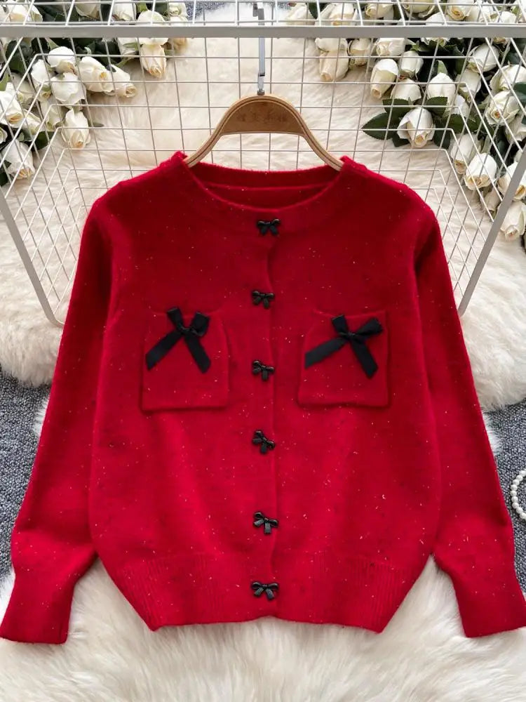 2024 Trendy Women's Vintage Red Pink Knit Sweater - Elegant Round Neck Long Sleeve Bow Detail Winter Top | Perfect for Office, Dating & Holiday Outfits