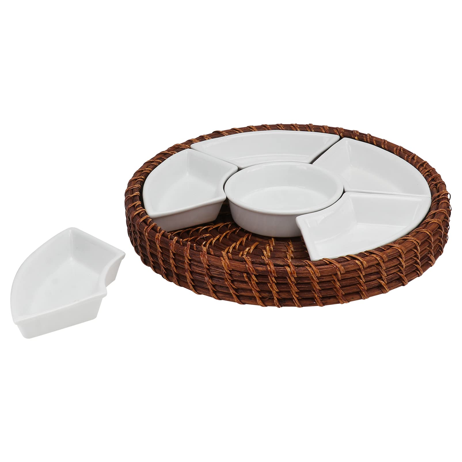 HEMOTON Ceramic Rattan Divided Serving Tray - 12