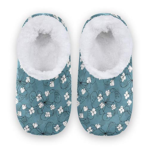 Women's Floral Coral Fleece House Slippers - Soft Indoor/Outdoor Home Shoes for Women & Men, Comfortable White Slippers with Non-Slip Sole (US 5-6) - Perfect for Lounging, Spa Days & Cozy Winter Nights