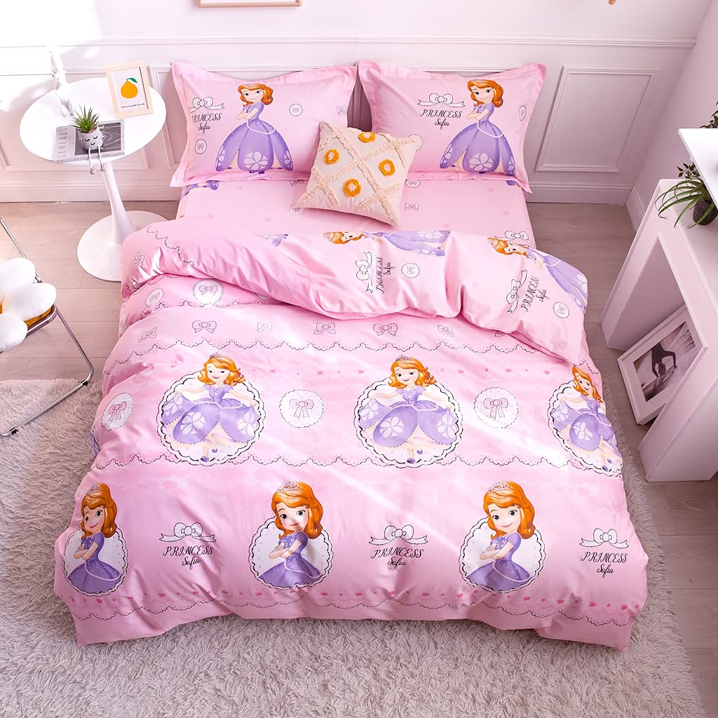 100% Cotton Princess Sofia Pink Kids Bedding Set - 4 Piece Full Size Duvet Cover, Pillowcases & Fitted Sheet for Girls | Soft & Breathable Bedding for Toddler Room, Sleepover Party & Nursery Decor