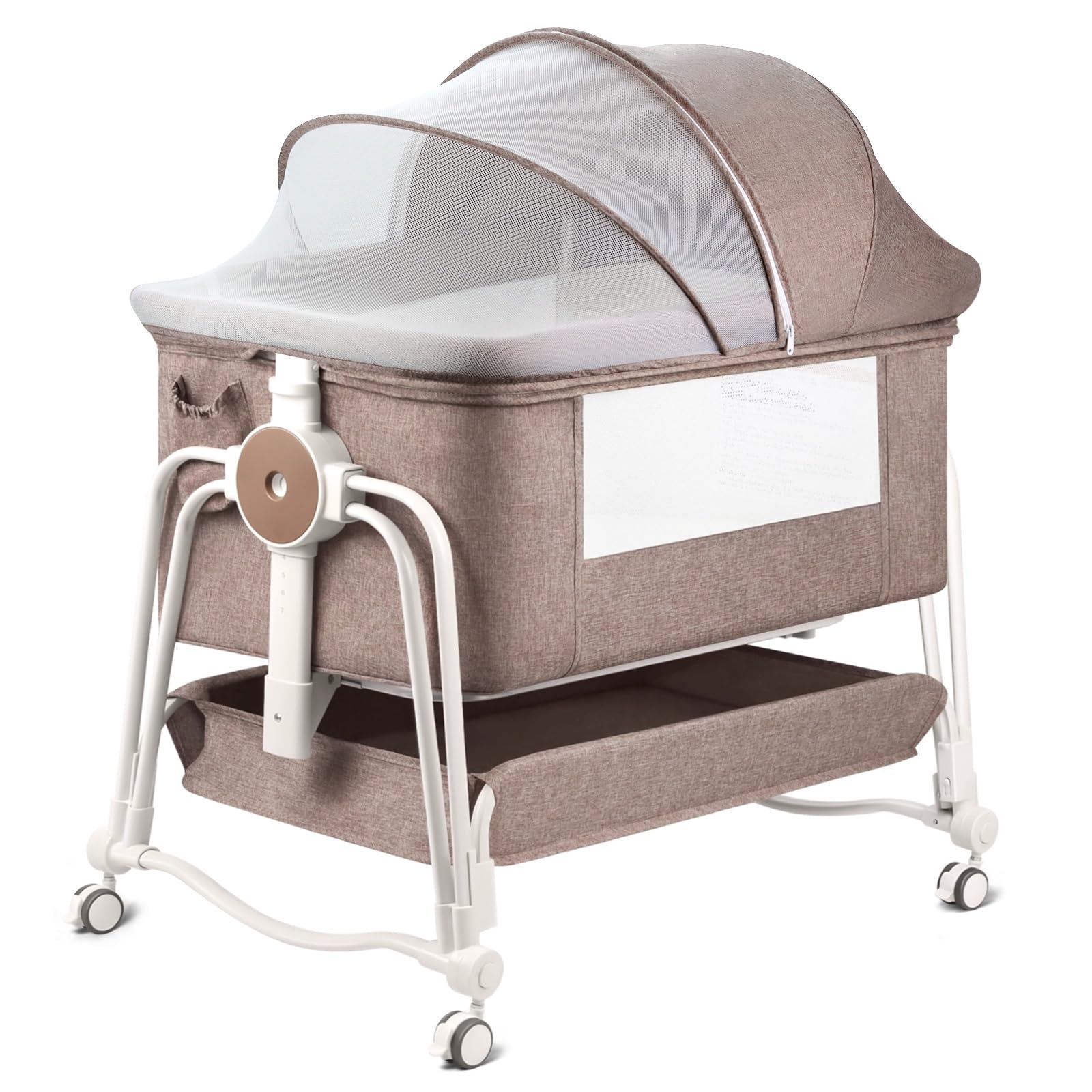 4-in-1 Adjustable Baby Bassinet with Lockable Wheels, Storage & Mosquito Net - 7-Level Height Adjustment for Newborns (Khaki) | Perfect for Bedside Sleeping, Nursery & Travel