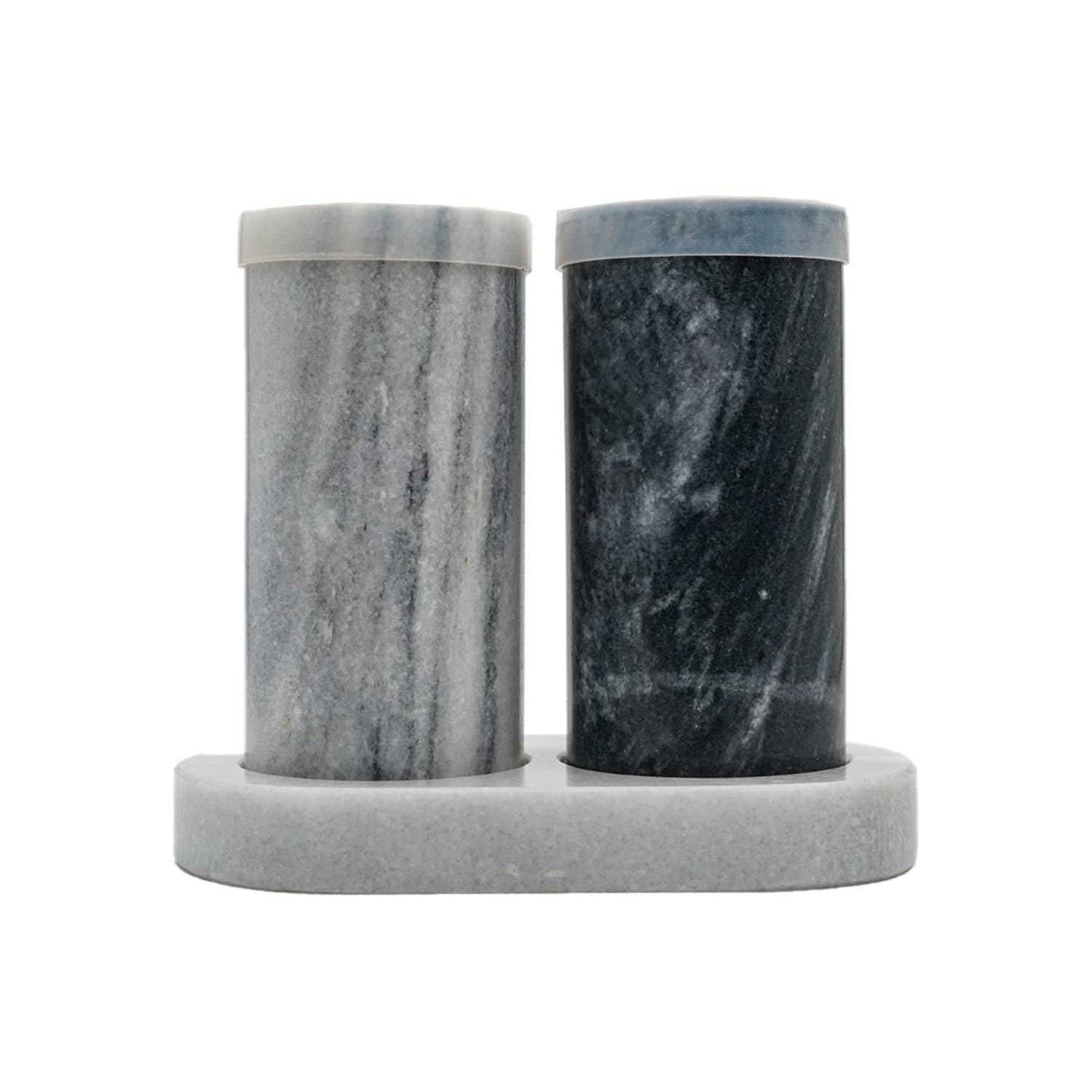 Premium Marble Salt and Pepper Shaker Set - Elegant Black & White Natural Marble with Matching Tray, Silicone Lids & Cleaning Brush - Luxury Kitchen Decor & Housewarming Gift for Dining Table, Kitchen Counter, and Wedding Registry