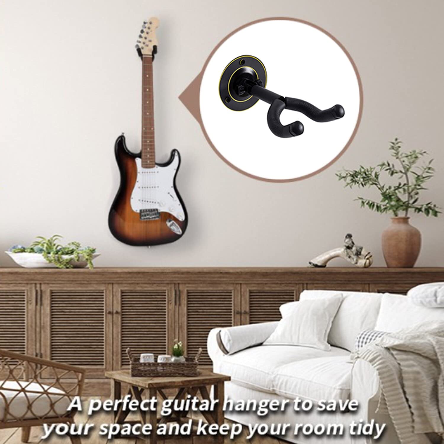 **90 Degree Rotating Guitar Wall Hanger - Heavy Duty Guitar Hook for Acoustic & Bass Guitars - Secure Wall Mount for Displaying Musical Instruments - Also Perfect for Hanging Coats, Bags & Keys (1 Pack)**    *(Ideal for home studios, music rooms, or as a space-saving guitar storage solution in bedrooms and living areas.)*