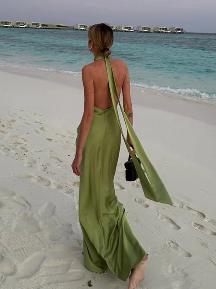 Elegant Green Satin Sleeveless Maxi Dress with Stand Neck & Lace Up Backless Design - Women's Summer Beach Vacation Dress 2025 | Perfect for Beach Parties, Weddings & Tropical Getaways