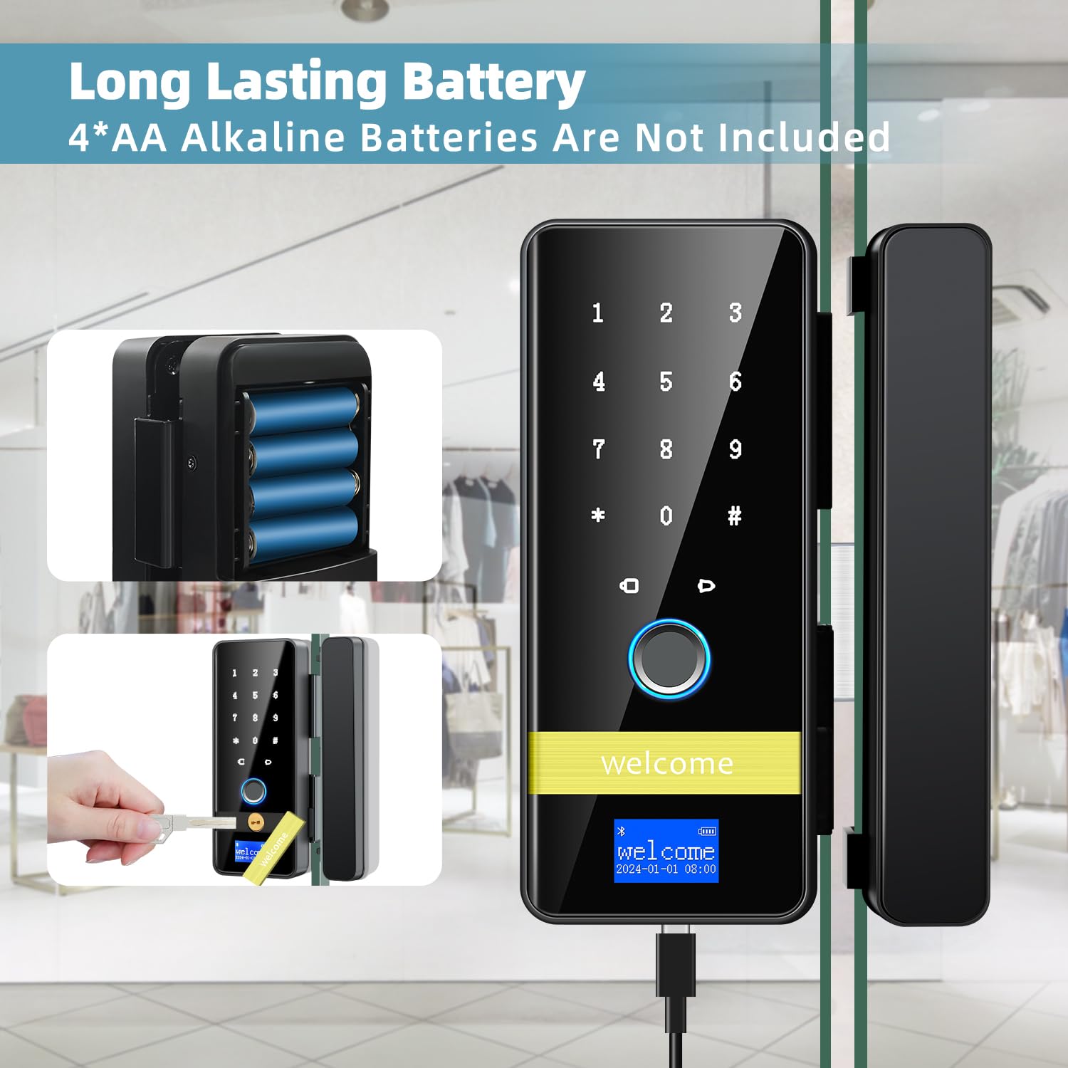 Smart Glass Door Lock - 8-in-1 Keyless Entry Digital Lock with Fingerprint & Keypad - Auto Lock for Glass Front Doors - Ideal for Home, Office & Hotel Security (Easy Installation & Modern Design)