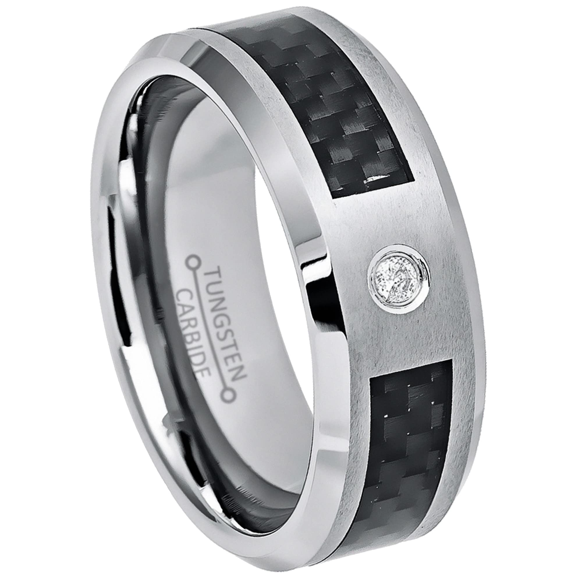 0.07ct Diamond & Gemstone Tungsten Carbide Ring for Men - 8mm Black Carbon Fiber Wedding Band, Anniversary Jewelry Gift - Perfect for Engagements, Weddings & Special Occasions