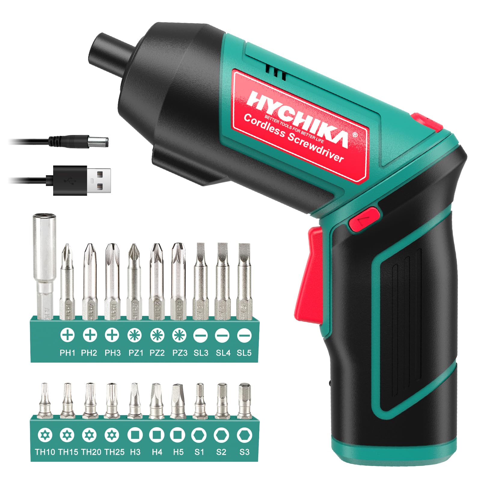HYCHIKA 4V 2000mAh Cordless Electric Screwdriver Gun with 6 N.m Torque, Adjustable 2-Position Handle, LED Light & 20-Piece Accessories - Perfect for DIY Home Projects, Furniture Assembly, and Electronics Repair