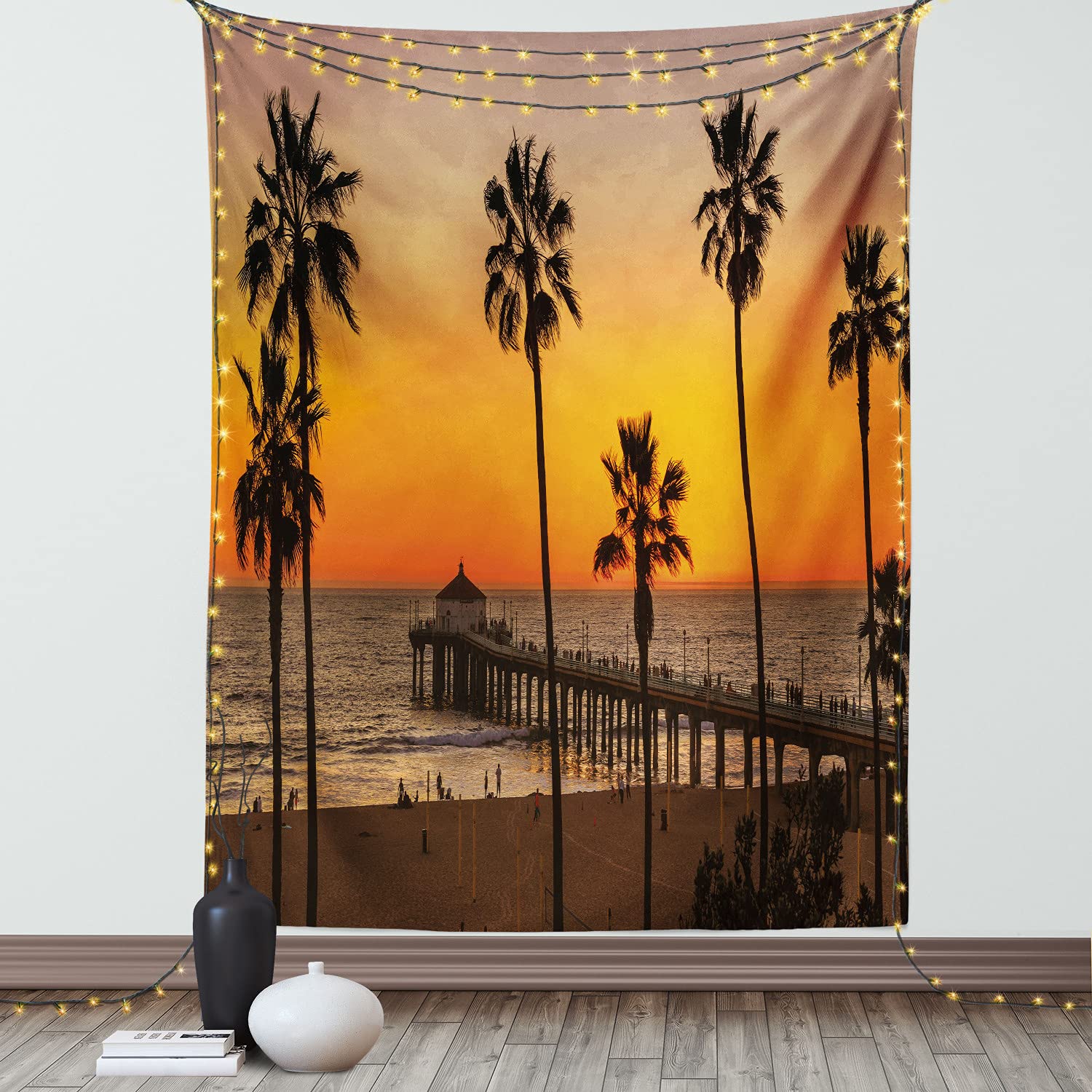Ambesonne Vintage Beach Tapestry - Palm Trees Sunset Silhouette Wall Art Decor for Bedroom, Living Room, Dorm | 40x60 Inch Multicolor Coastal Theme | Perfect for Beach House, Boho Chic Room & Tropical Vacation Vibes
