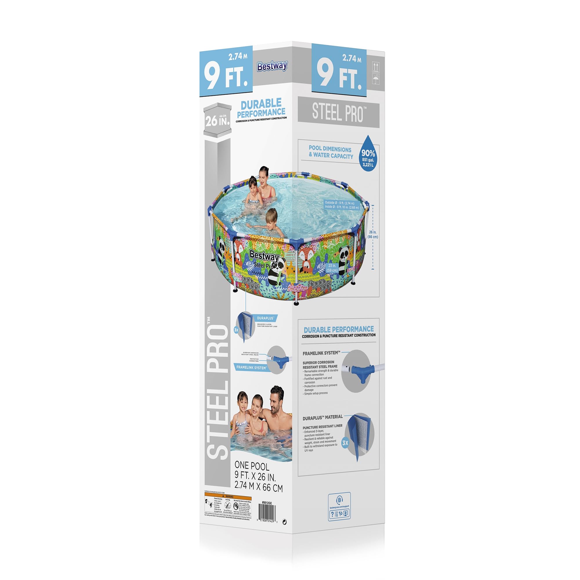 Bestway Steel Pro 9ft x 26in Above Ground Round Outdoor Backyard Swimming Pool - 851 Gallon Water Capacity with Panda Jungle Print | Perfect for Family Fun, Summer Parties & Backyard Relaxation
