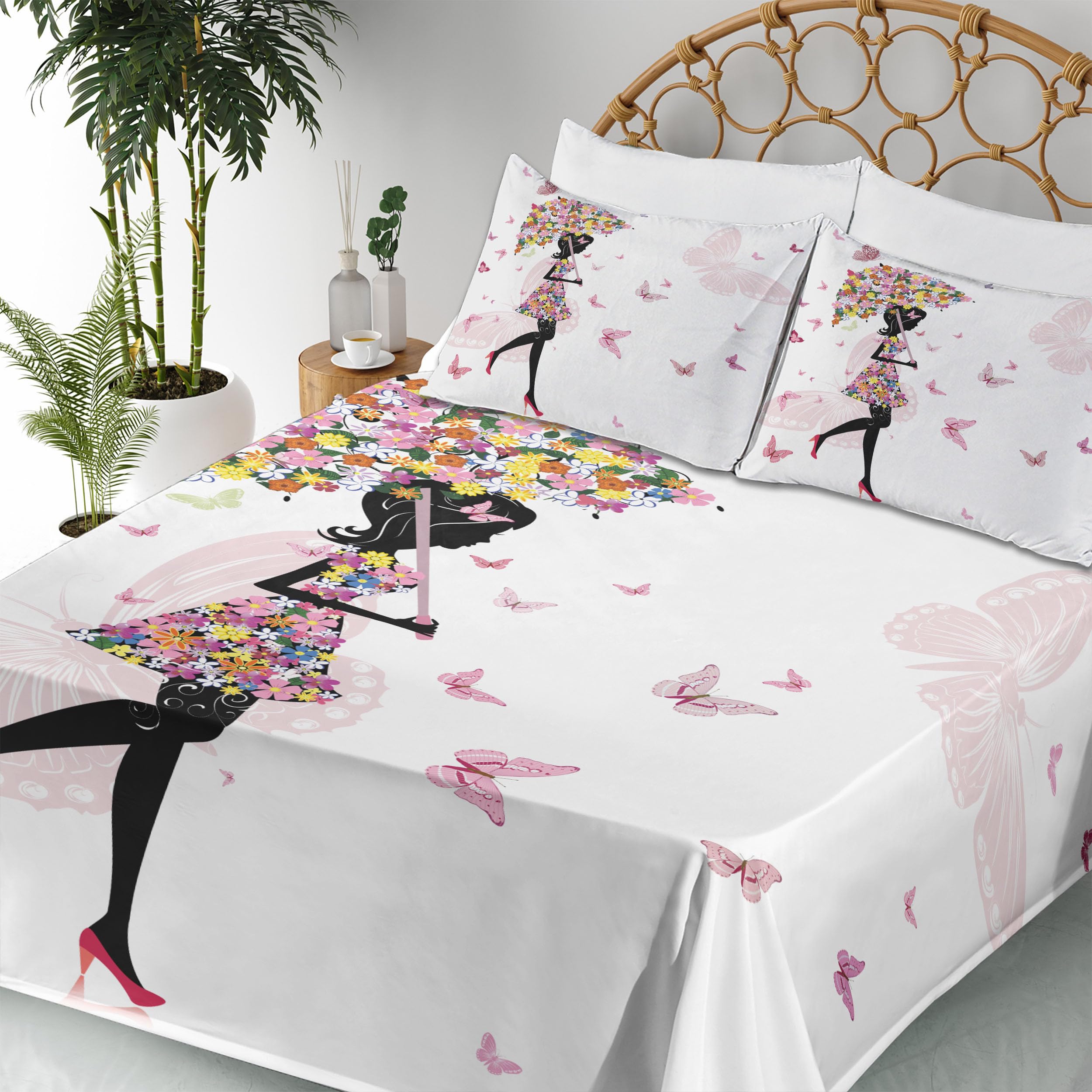 Ambesonne Floral Umbrella & Butterfly Bedding Set - 4 Piece King Size Sheets with Pillowcases, Black & Pink Inspirational Art Design - Perfect for Girls' Rooms, Teen Bedrooms & Boho Chic Decor