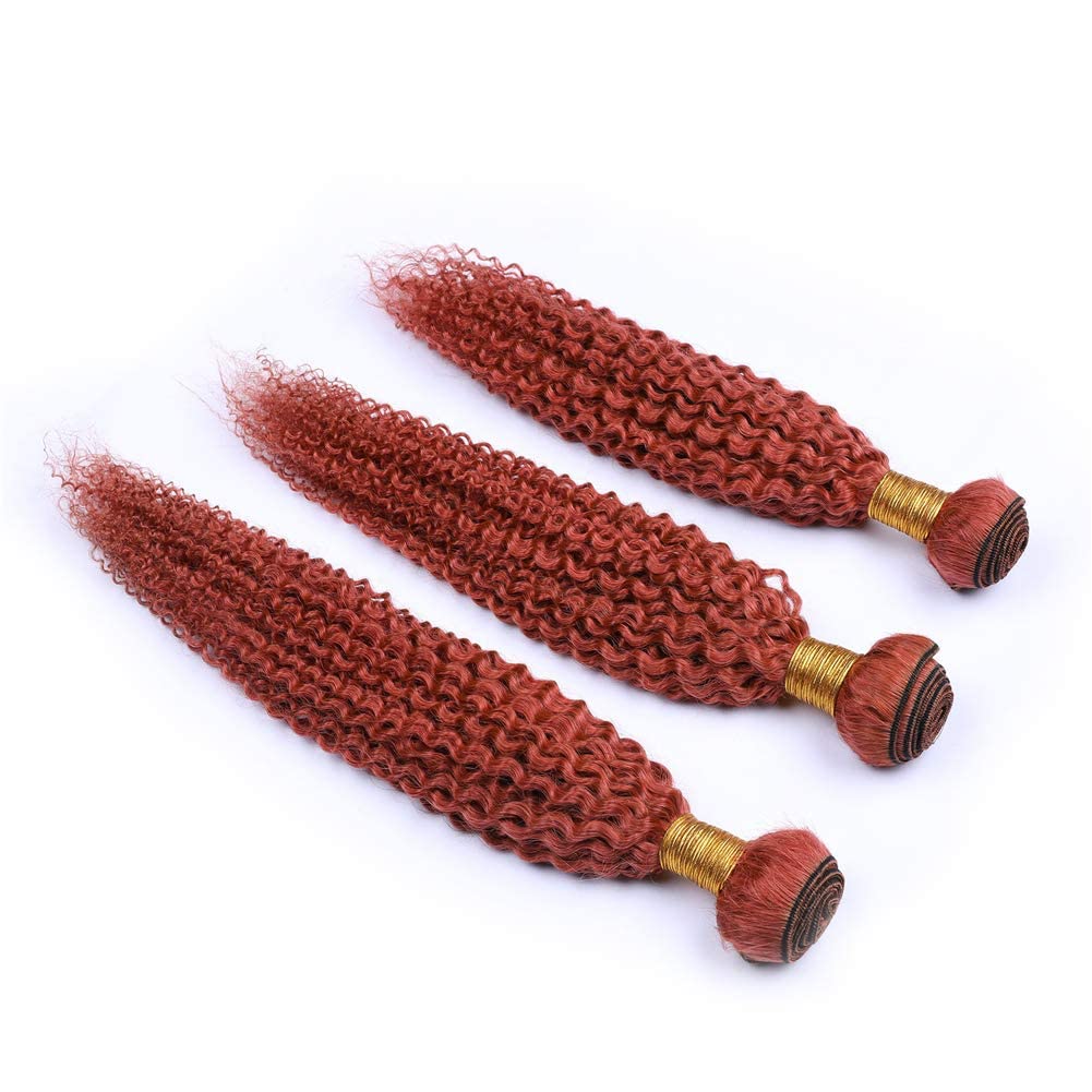 Dark Orange #350 Brazilian Virgin Hair Bundles 300g Kinky Curly Human Hair Weaves - Afro Curly 3Bundles Extensions (10-30 Inch, 22/24/26 Inch 3 Pcs) for Natural Hairstyles, Protective Styling & Everyday Wear