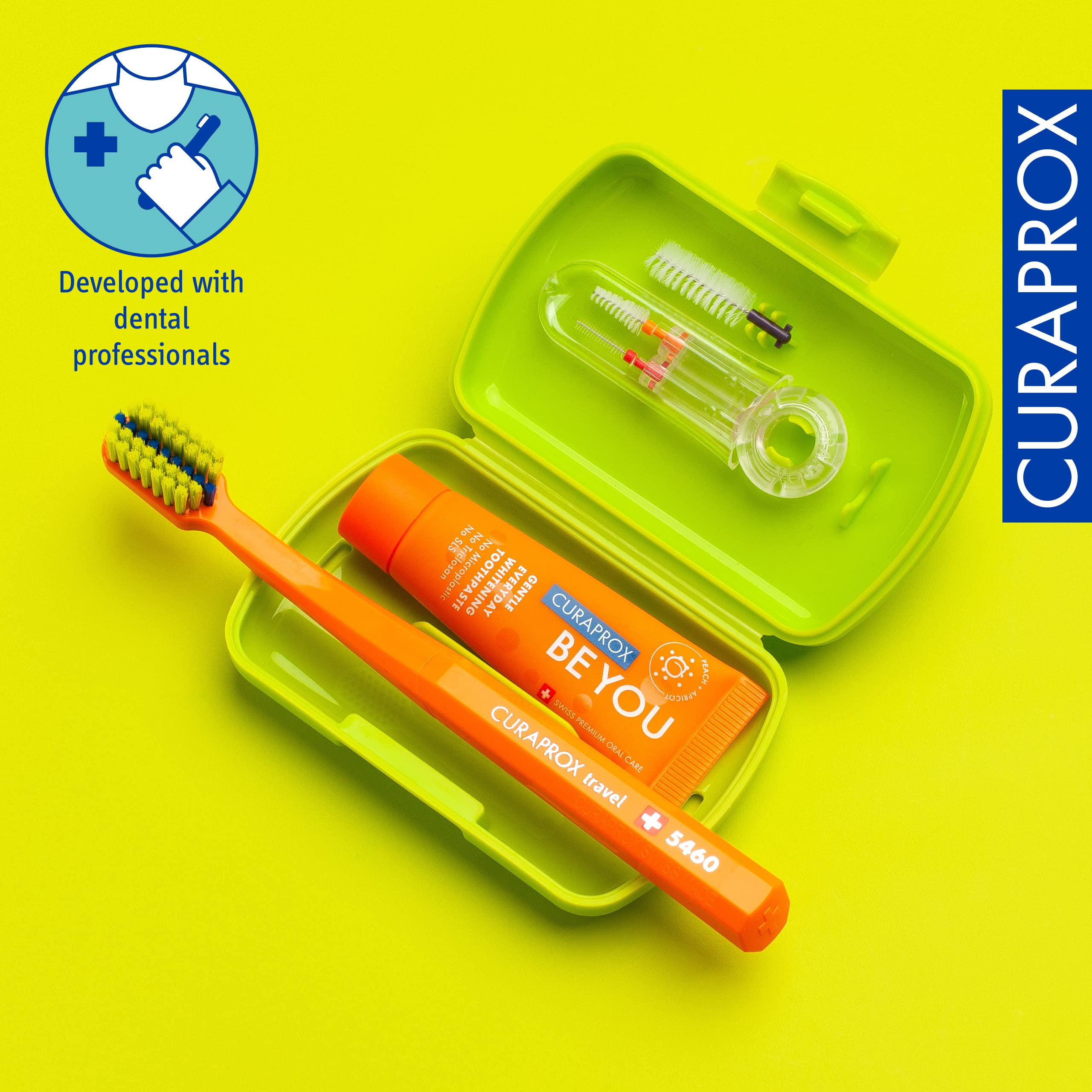 Curaprox Ortho Green Travel Dental Care Set - Toothbrush, Interdental Brush, 10ml Toothpaste & Travel Case | Perfect for On-the-Go Oral Hygiene While Traveling, Camping or Business Trips