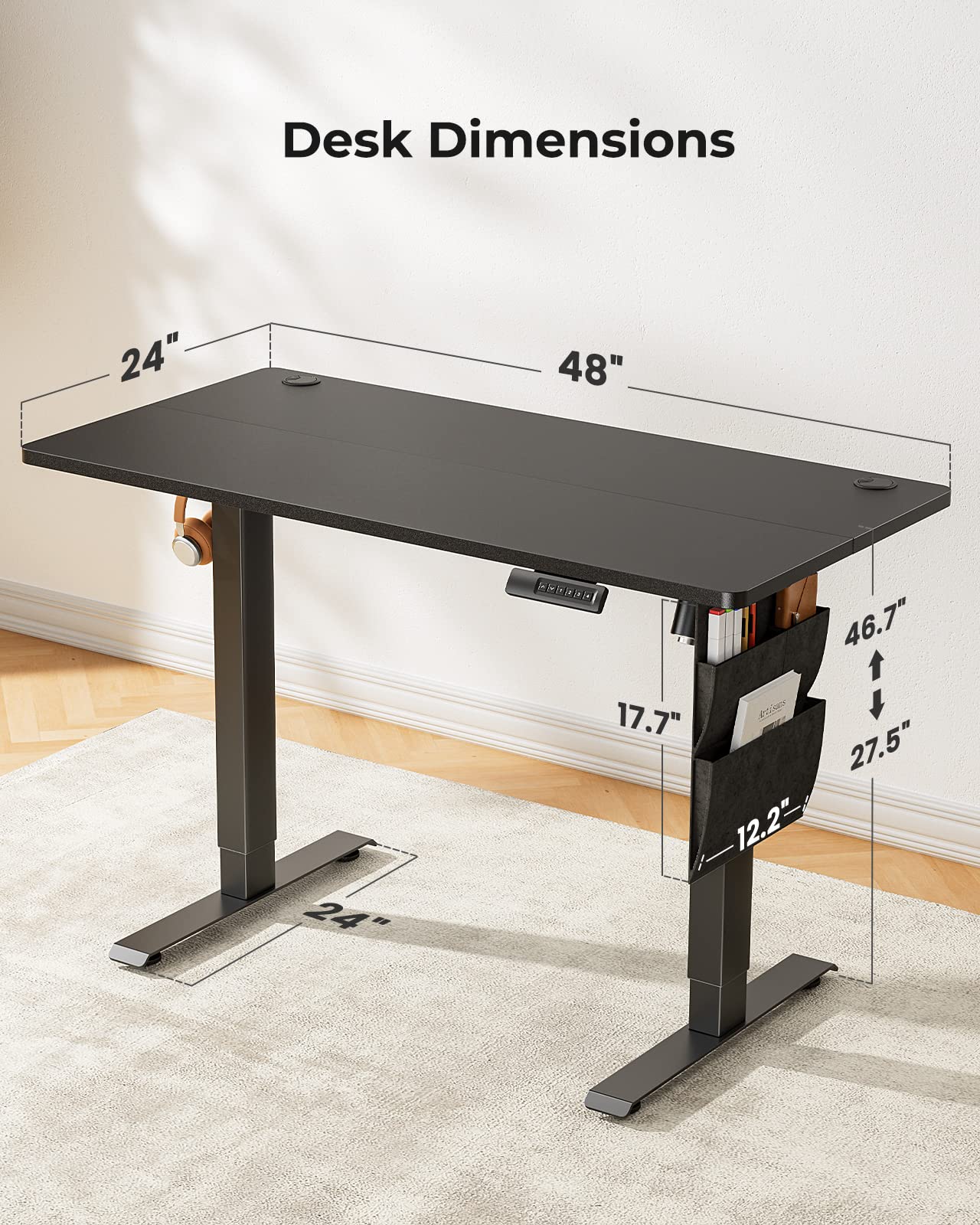 Marsail Electric Standing Desk 55x24 Inch - Adjustable Height with Memory Preset, Storage Bag & Headphone Hook - Ergonomic Home Office Computer Desk for Work, Gaming & Study