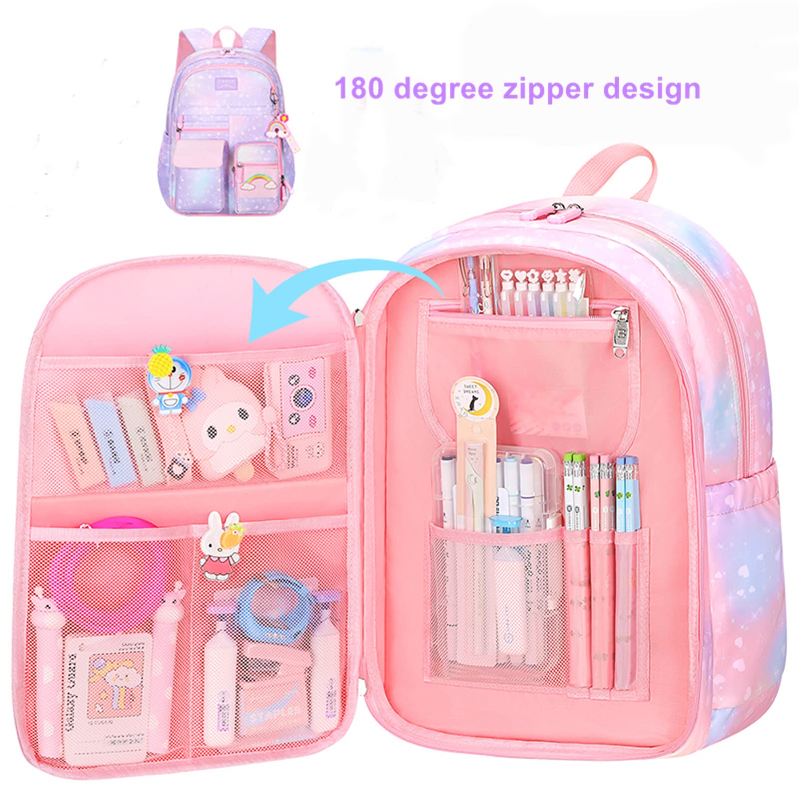 Girls School Backpack with Compartments - Purple for Elementary Students & Daily Use