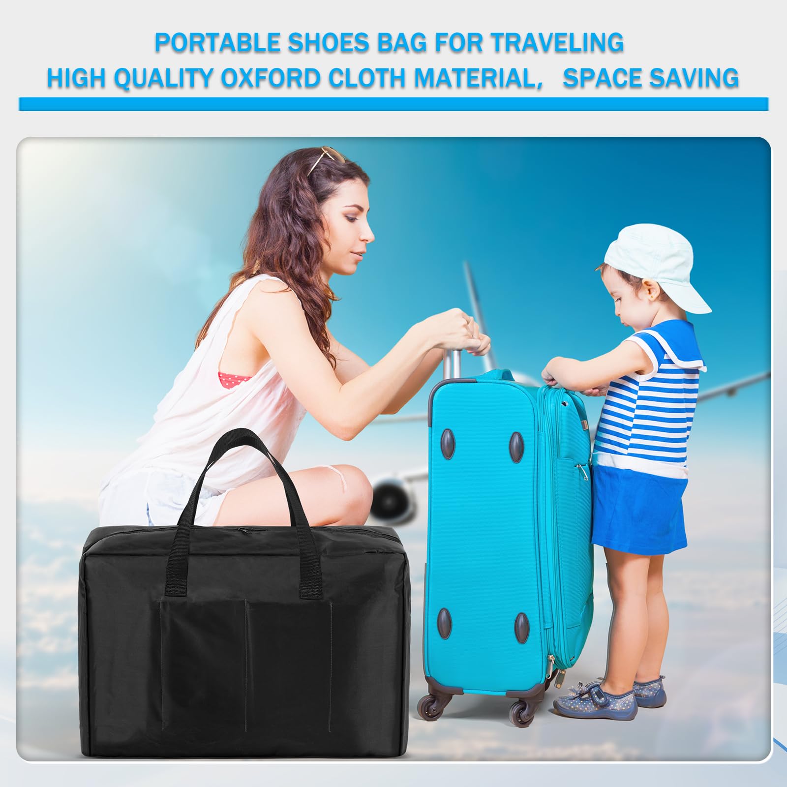2 Pack Travel Shoe Bags with Handles - Waterproof Portable Shoe Organizer for Luggage, Gym & Storage - Fits Multiple Shoes (Black & Blue) - Perfect for Air Travel, Vacation & Sports Equipment Organization