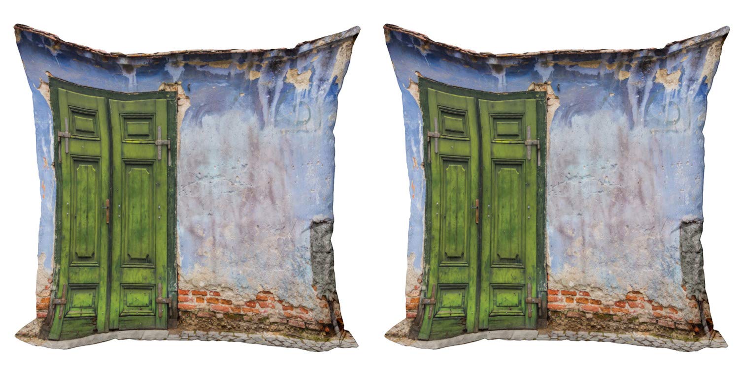 Ambesonne Rustic Throw Pillow Covers Set of 2 - Vintage Pastel Weathered Door & Buildings Photo Print, Double-Sided 16