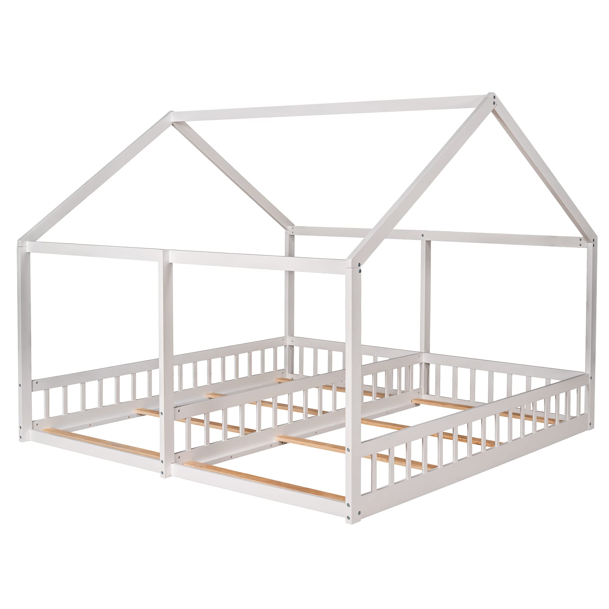 Harper & Bright Designs Solid Wood Twin House Bed with Rails & Roof - Montessori Floor Bed Frame for Kids, Teens, Boys & Girls - Perfect for Bedrooms, Playrooms & Montessori Classrooms (White)