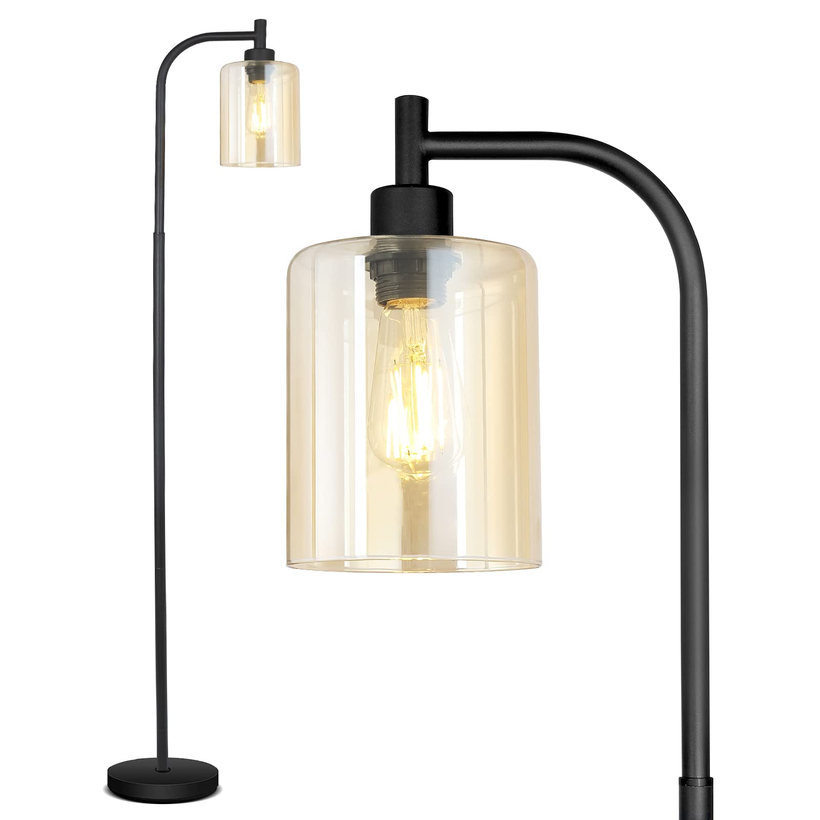 Modern Industrial Floor Lamp with Gold Glass Shade - 6W LED Bulb Included, Adjustable Standing Lamp with Foot Switch - Bright Lighting for Living Room, Bedroom & Office - Perfect for Reading, Working & Relaxing