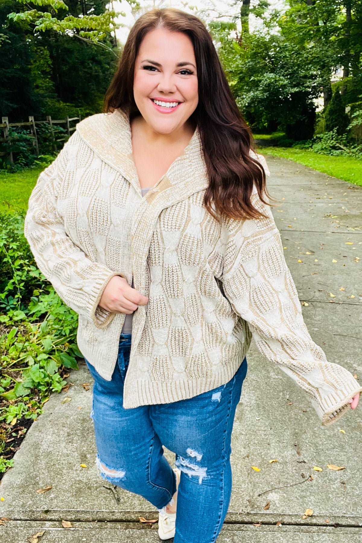 Cozy Taupe Textured Cable Knit Collared Cardigan for Women | Autumn Fall Sweater | Perfect for Layering, Office Wear & Casual Outfits