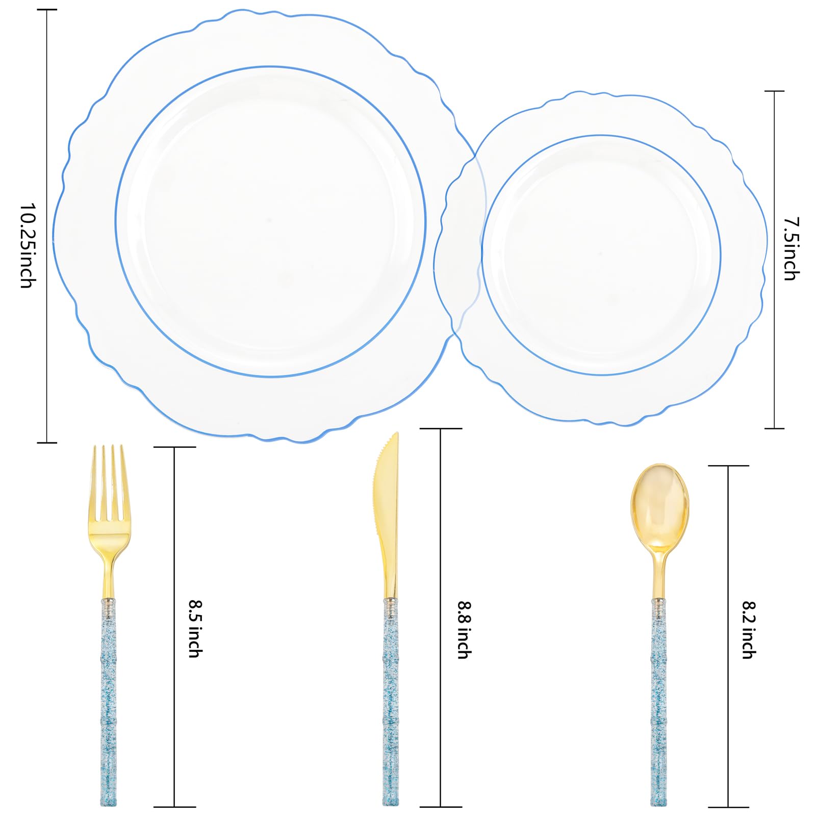 Liacere 150-Piece Clear Blue Plastic Plates Set with Glitter Bamboo Cutlery - Elegant Baroque Disposable Plates (60) & Utensils (30 Forks, 30 Spoons, 30 Knives) for Wedding, Party, Picnic, Summer BBQ and Outdoor Events