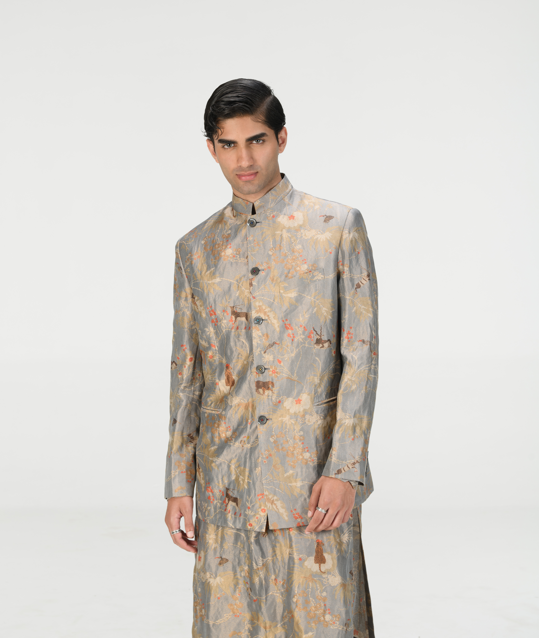 Elegant Bandhgala Silk Brocade Jacket - Monsoon Cloud Design - Perfect for Weddings & Festive Occasions