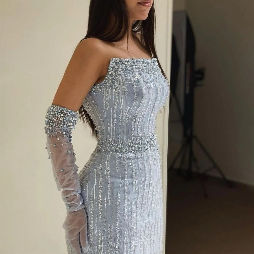 Elegant Light Blue Pearls Luxury Dubai Evening Dress - Strapless Gown LA71950 for Prom, Wedding, and Formal Events