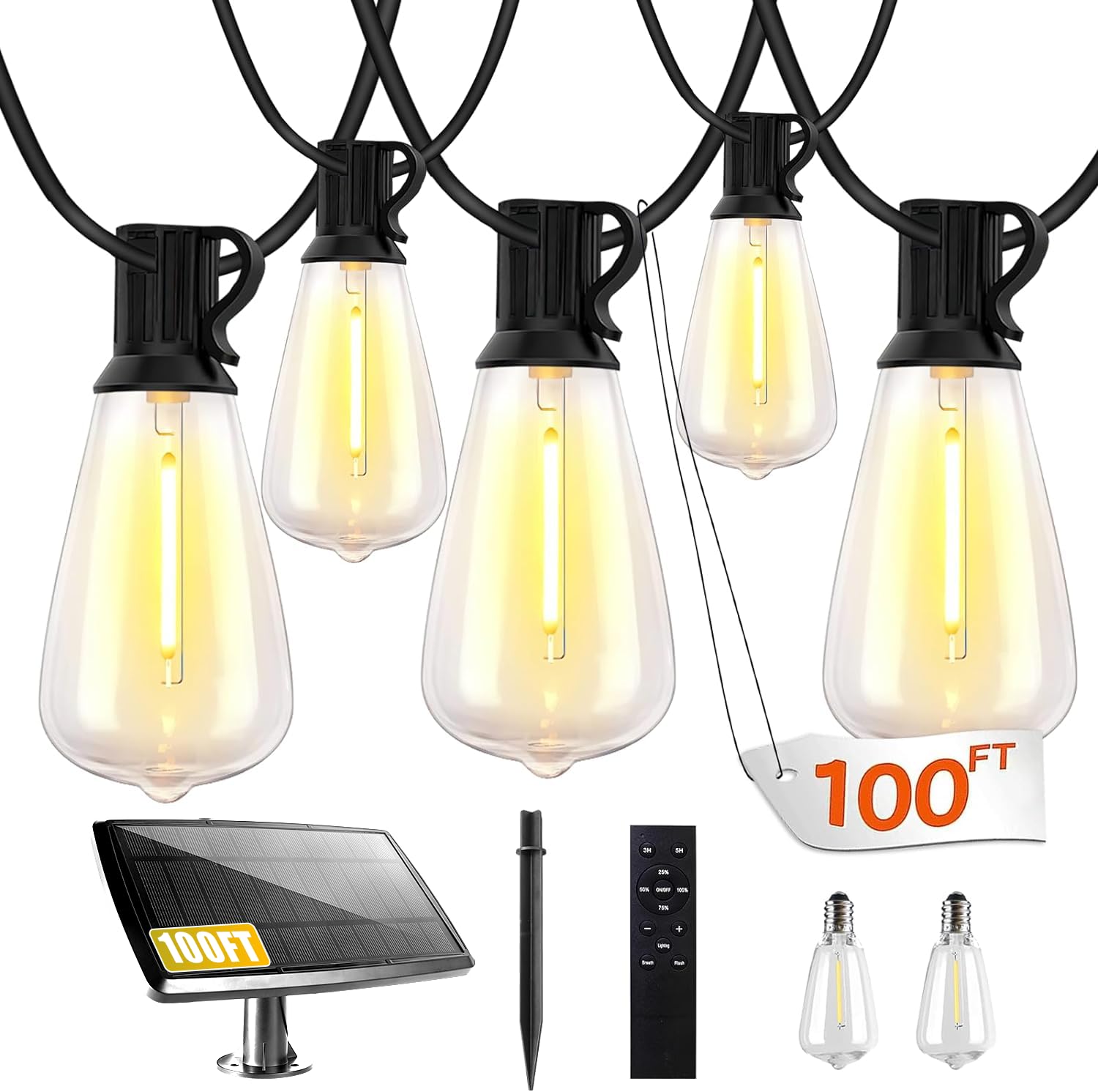 100FT Solar String Lights Outdoor Waterproof - Remote Control & 32 Dimmable ST38 Edison Bulbs - Shatterproof Solar Powered Fairy Lights for Garden, Backyard, Patio - Perfect for Weddings, Parties & Outdoor Decor