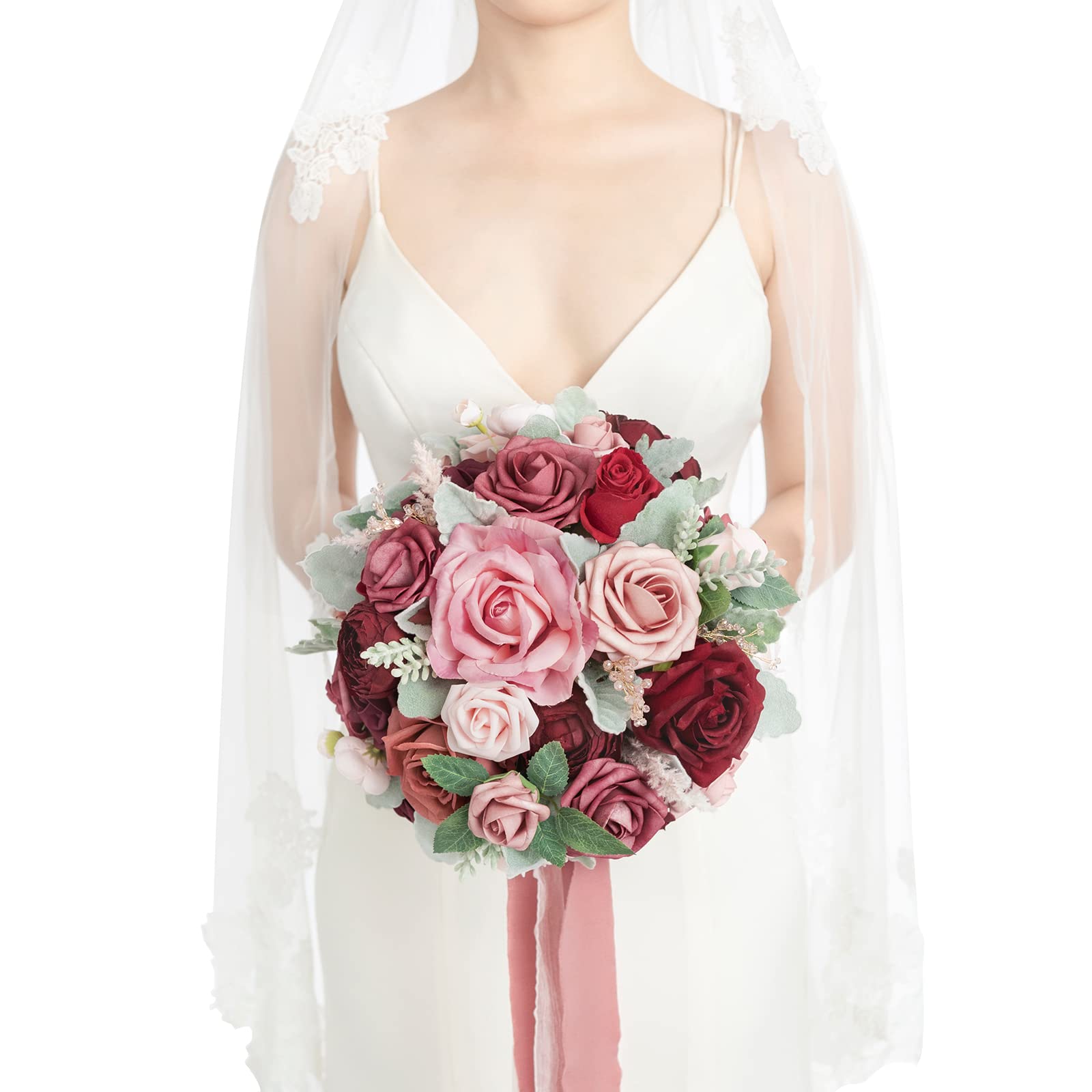 Ling's Moment 11 Inch Artificial Wedding Bouquet - Cinnamon Rose & Burgundy Bridal Flowers for Wedding Ceremony, Anniversary, Bridal Shower, Party & Rustic Vintage Theme - Perfect for Centerpieces, Photo Props and Home Decor