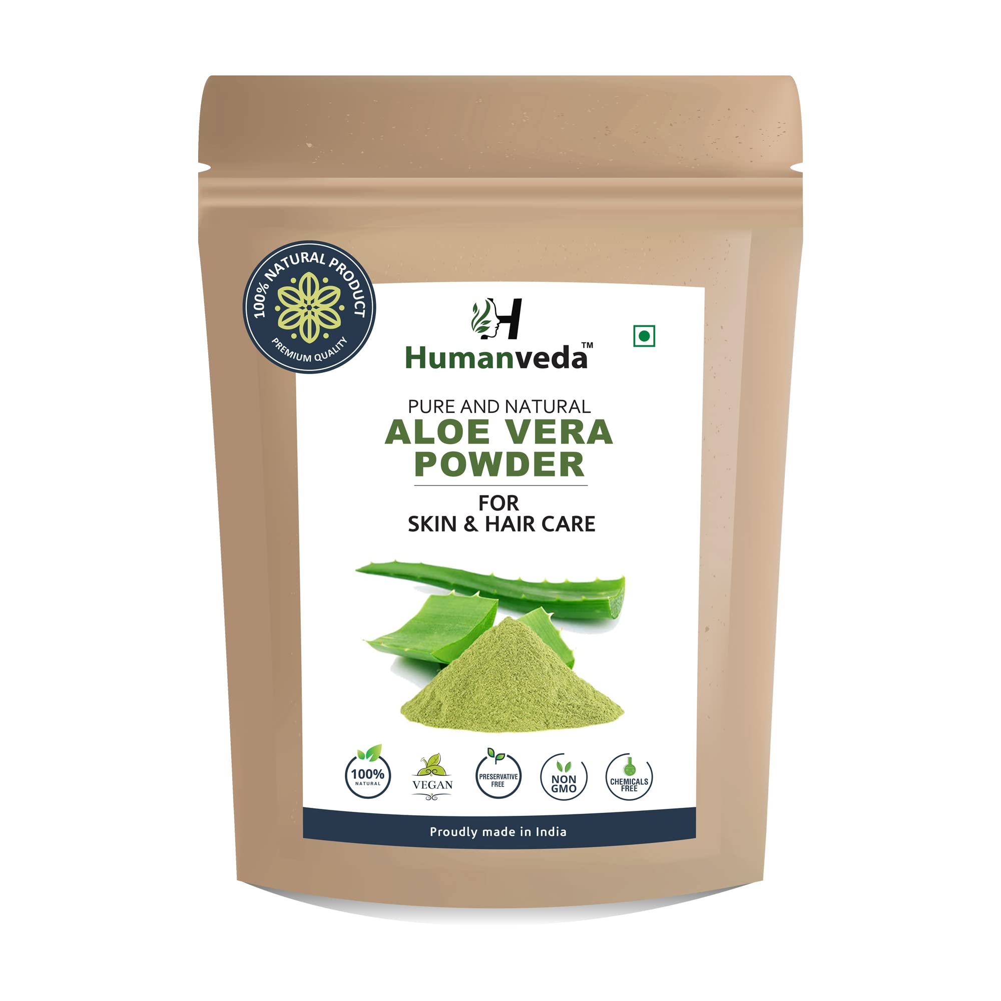 Humanveda Natural & Herbal Aloe Vera Leaf (Aloe Barbadensis) Powder - 100g for Face & Hair Care | Hydrating, Moisturizing, Soothing Skin Treatment | Perfect for DIY Skincare, Hair Masks & Sunburn Relief