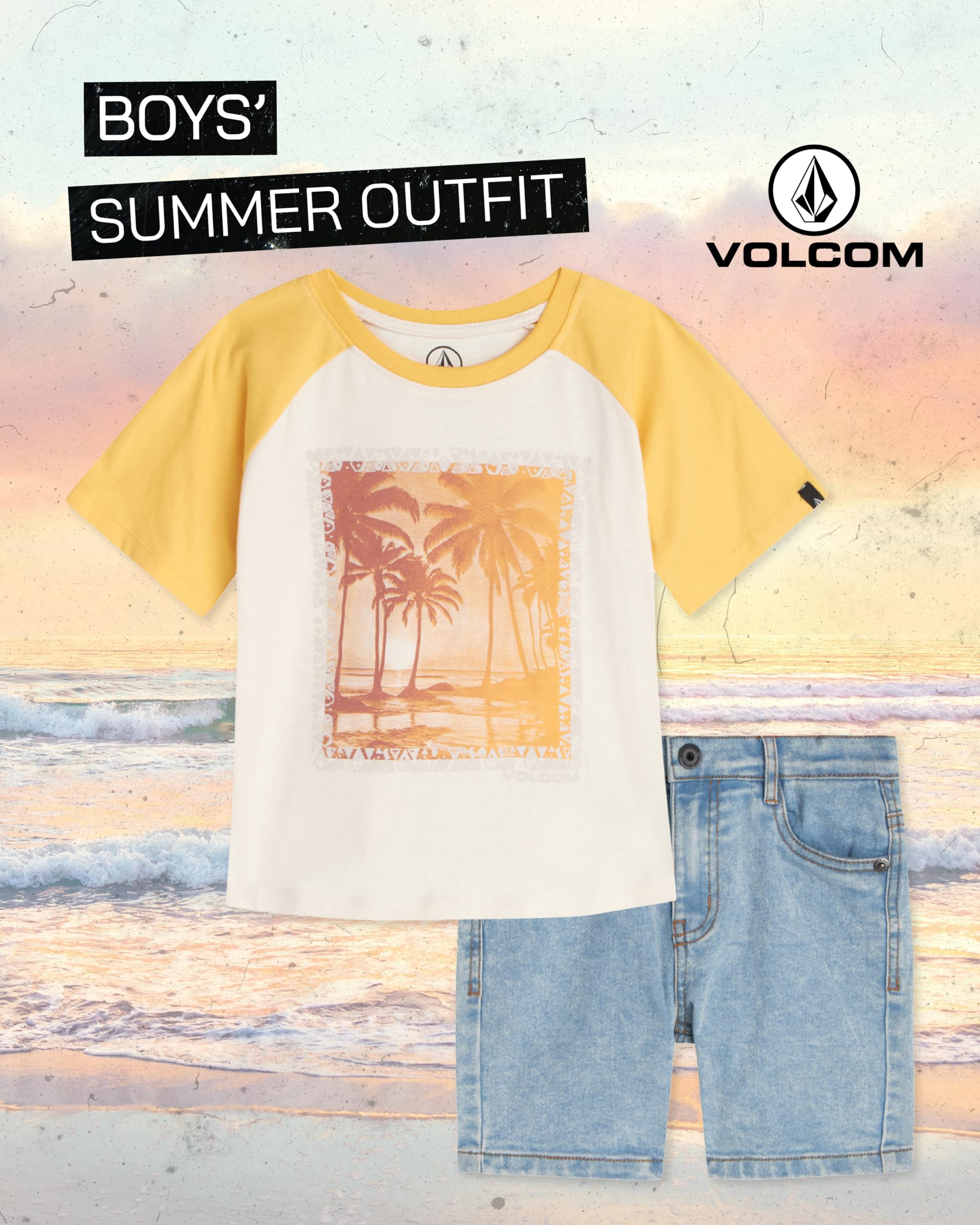 Volcom Boys' 2-Piece Summer Outfit - Short Sleeve Graphic T-Shirt & Denim Shorts Set | Casual Kids Clothes for Beach, Playground & Outdoor Activities (Sizes 2T-7, Off-White) - Size 4T