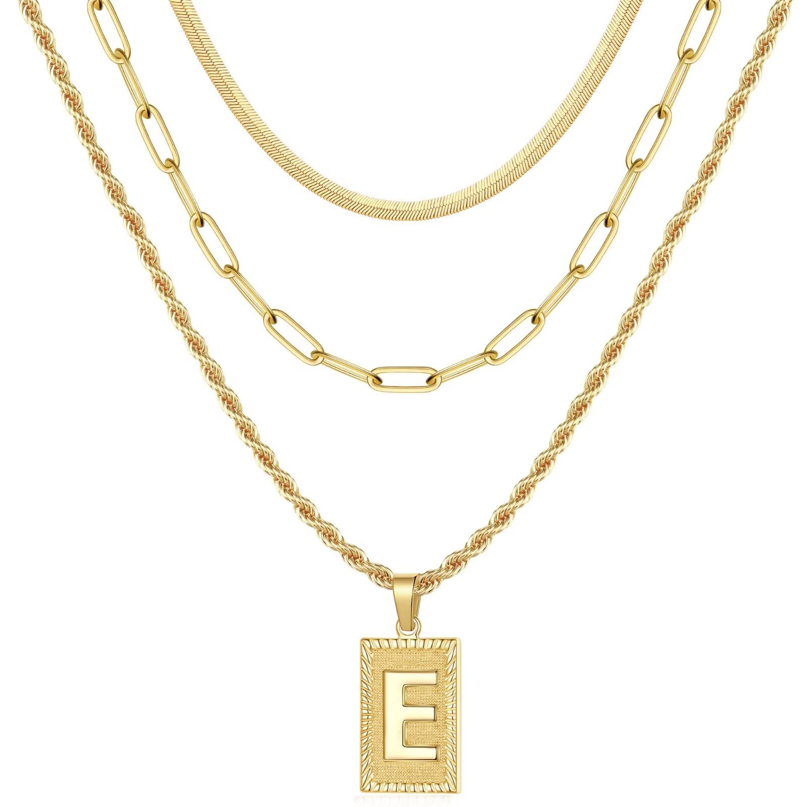 14K Gold Plated Layered Initial Necklace for Women - Dainty Paperclip Chain, Snake Choker & Rope Chain with Square Pendant Letter | Perfect for Layering, Everyday Wear, Gift Giving & Special Occasions