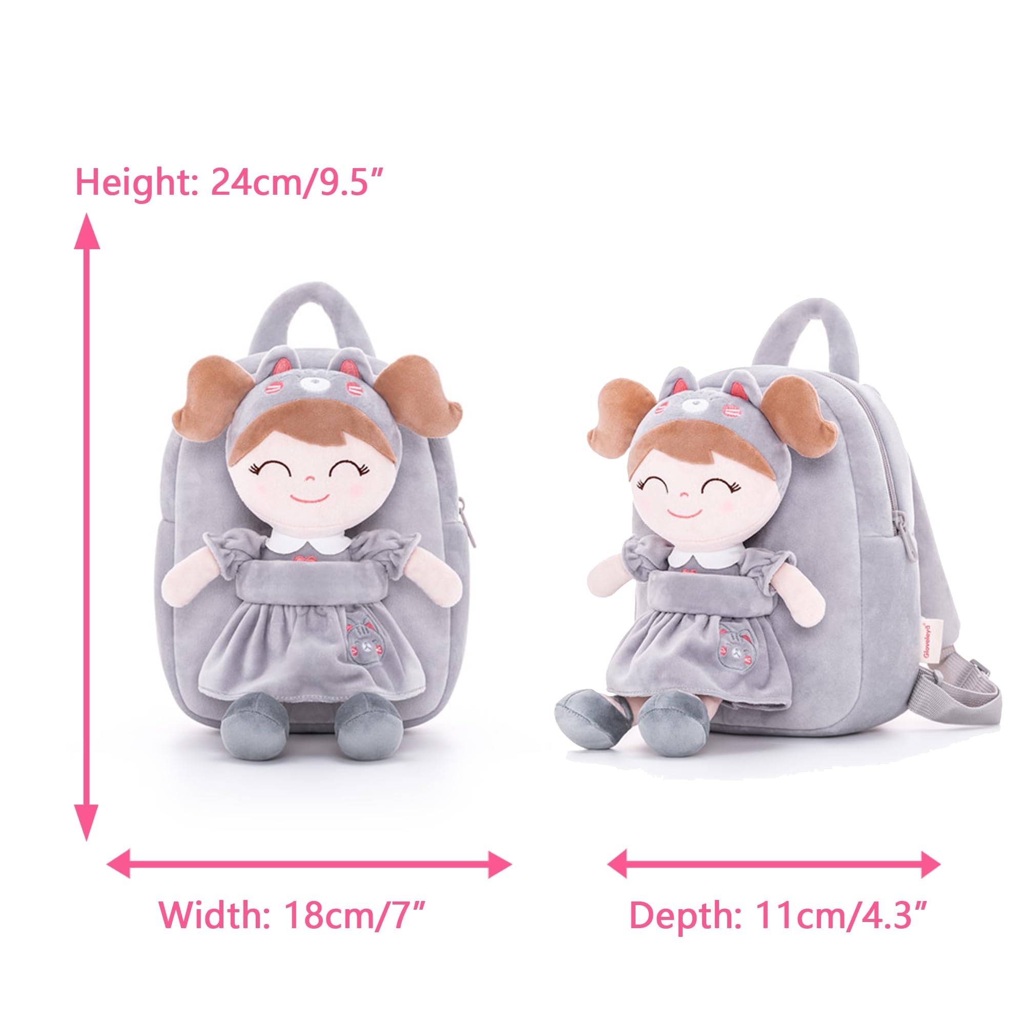 Gloveleya Soft Plush Cat Backpack for Toddlers - Gray Cute Plush Doll Carrier | Perfect for Travel, School & Outdoor Adventures