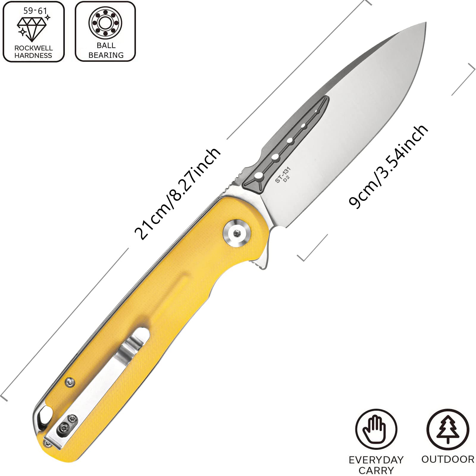Sitivien ST131 Folding Pocket Knife - D2 Steel Blade, G10 Handle, Liner Lock - EDC Tool for Outdoor Camping, Hiking, Fishing & Survival (Yellow) - Perfect for Everyday Carry, Bushcraft & Tactical Use