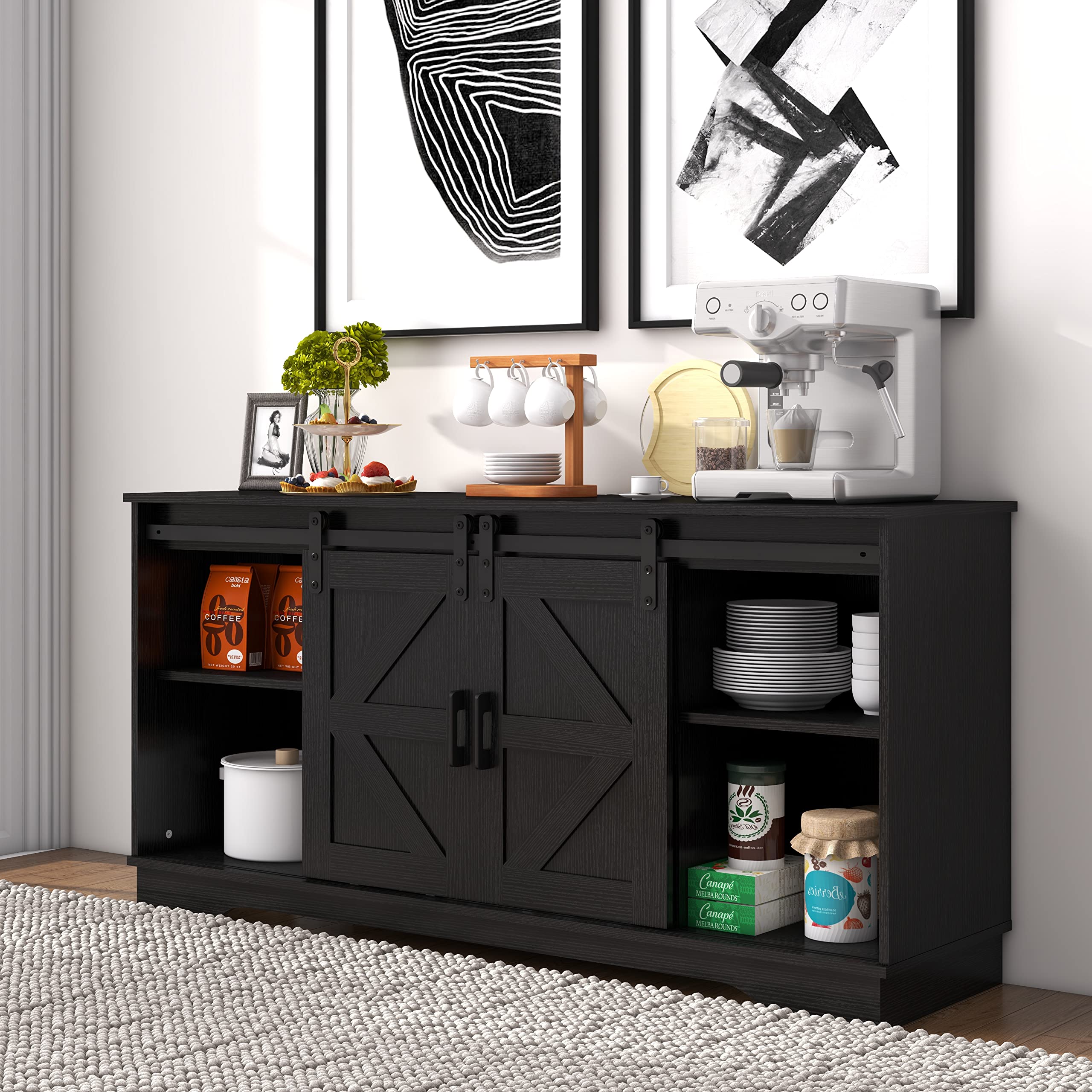 Panana Bar Cabinet with Barn 2 Sliding Doors - Farmhouse Style Buffet Storage Cabinet & TV Stand in Black - Perfect for Living Room, Dining Room, or Home Bar Setup