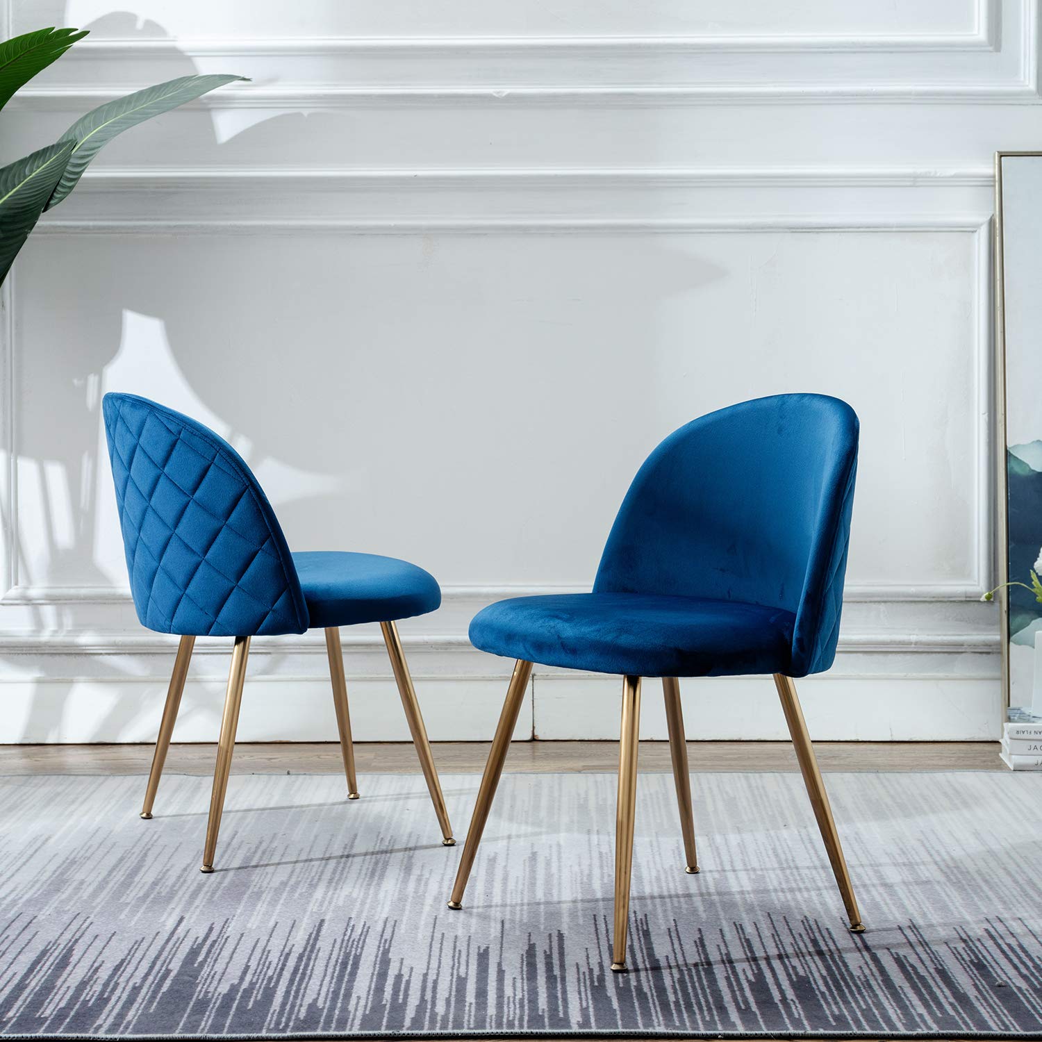 Modern Velvet Dining Chairs Set of 2 - Blue Upholstered Living Room Accent Chairs with Gold Legs for Kitchen, Dining Room & Vanity | Elegant Home Decor & Dinner Party Seating