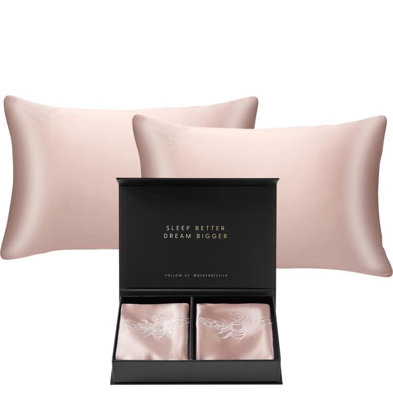 QUEEN BEE SILK - 2 Pack 22 Momme Mulberry Silk Pillowcase for Hair & Skin Care - Charmeuse Weave with Envelope Closure - Queen Size (Pink) - Luxury Bedding for Anti-Frizz & Wrinkle Prevention - Perfect Gift for Women & Bridal Shower