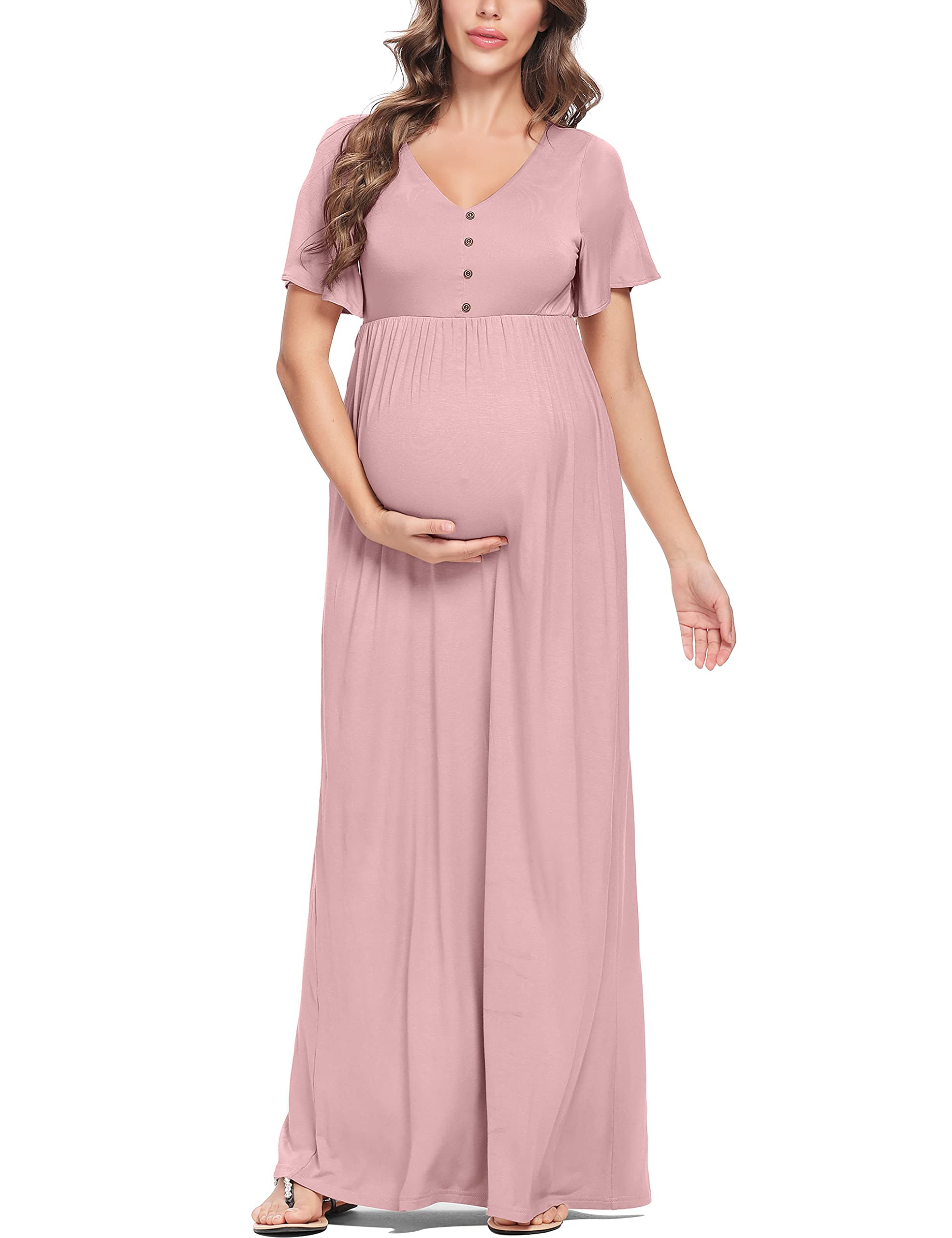Peauty Summer Maternity Dresses for Women - Flowy Photoshoot & Baby Shower Dress with Decorative Buttons | Comfortable Pregnancy Outfit for Beach, Party & Special Occasions
