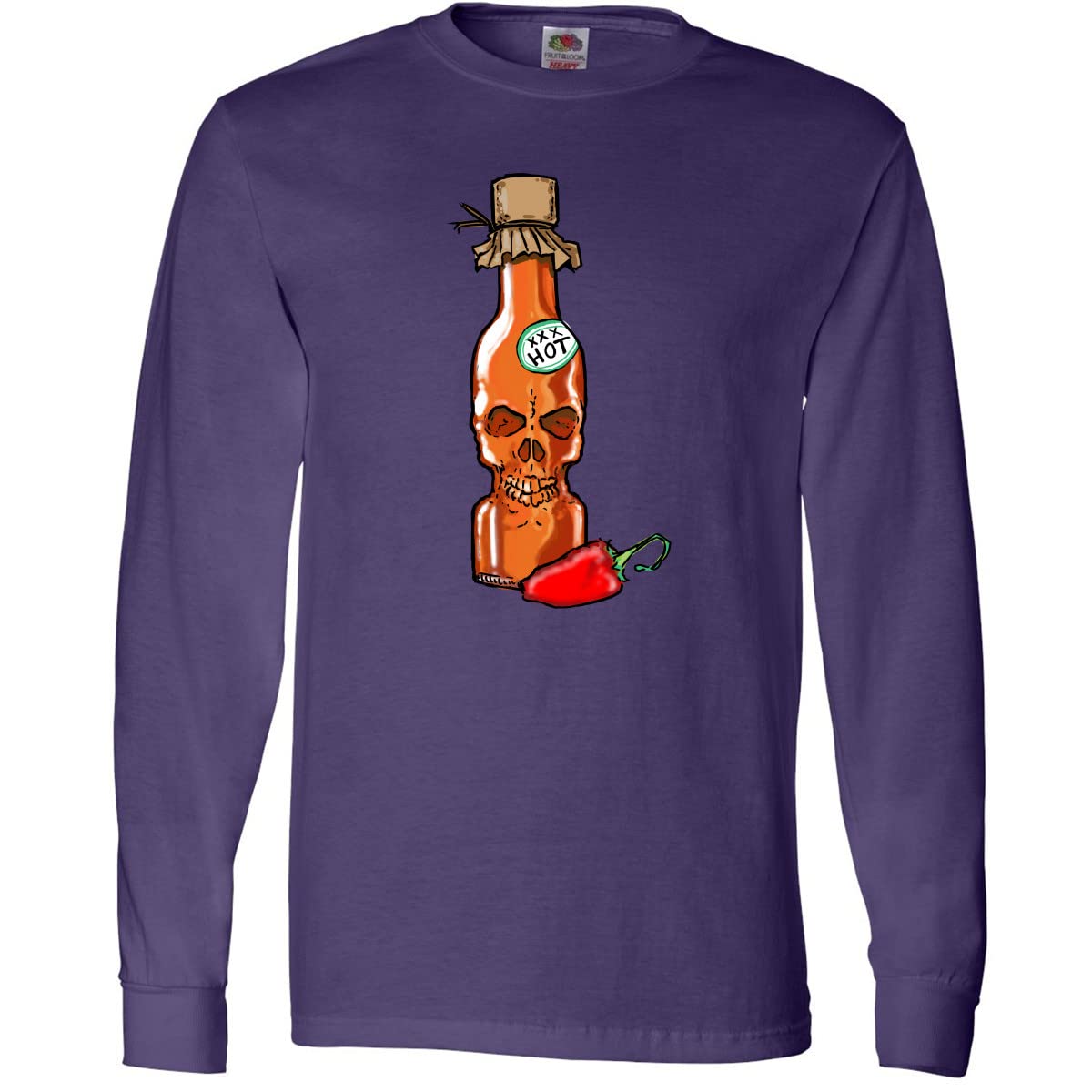 Inktastic Hot Sauce Skull Bottle with Pepper Design - Men's & Women's Long Sleeve Graphic T-Shirt - Spicy Food Lover Gift for Halloween, Concerts & Casual Wear
