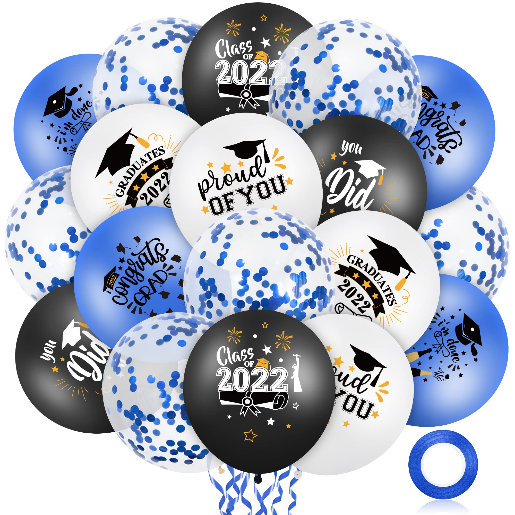 60 PCS 12 Inch Blue Confetti Graduation Balloons Set with Ribbon - Class of 2022 Party Decorations, Graduation Party Supplies for High School & College Graduation Ceremony, Photo Backdrop, Grad Party Decor