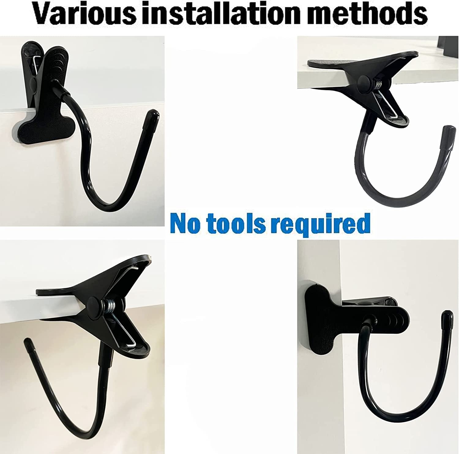 2 Pack Headphone Stand Holder - Clamp On Headphone Hanger for Desk/Headboard Mount - Sturdy & Flexible Design Fits Thick Desks Up to 2 Inches - Vertical, Horizontal & Diagonal Mounting - Perfect for Gaming, Office & Home Workspace Organization